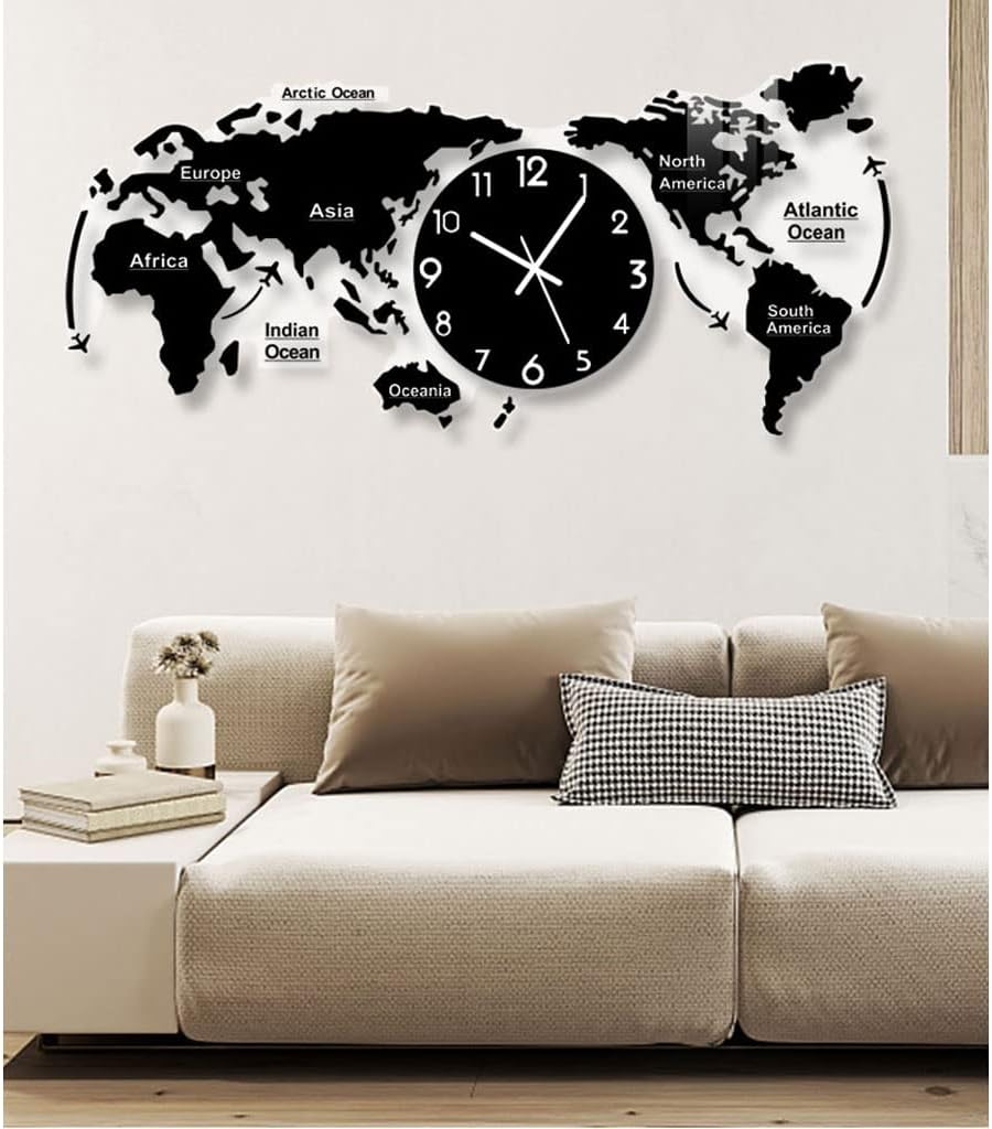 Reloj de pared 3D World Map Wall Clock for Living Room Decor Modern Wall Art Decor Acrylic Silent Non Ticking Hanging Clock for Home Office