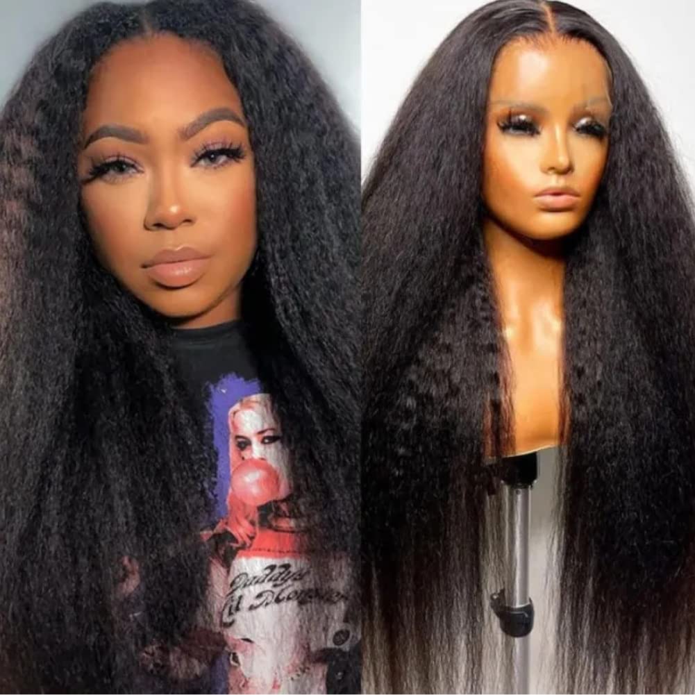 Nadula Peluca rizada recta para poner y llevar, peluca de cabello humano precortada sin pegamento, cabello lacio 4C Yaki para mujeres, no necesita