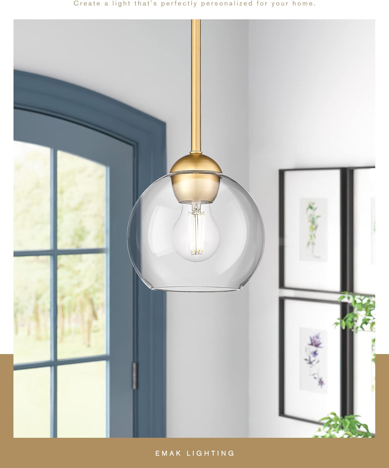 Emak Modernas lámparas colgantes doradas, luces colgantes de globo de 7 pulgadas con vidrio transparente, 1 luz colgante para isla de cocina, baño,