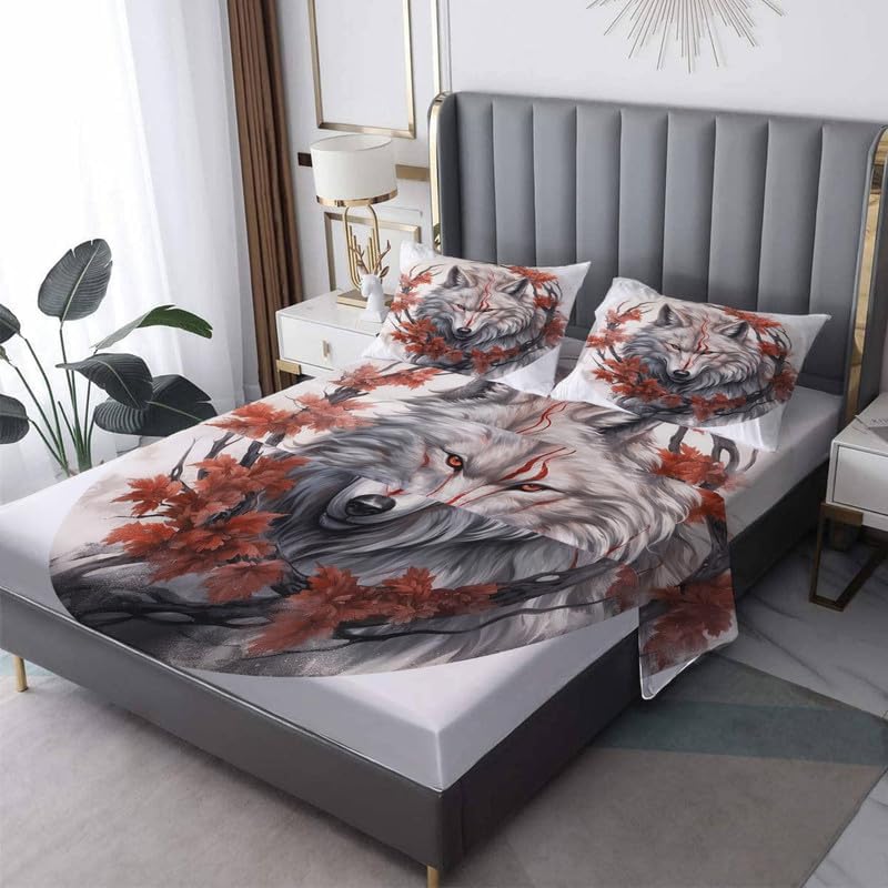zcsm Sábanas de lobo tamaño Queen  Sábanas de cama de lobos, microfibra suave y bolsillo profundo, sábanas y fundas de almohada estampadas sin