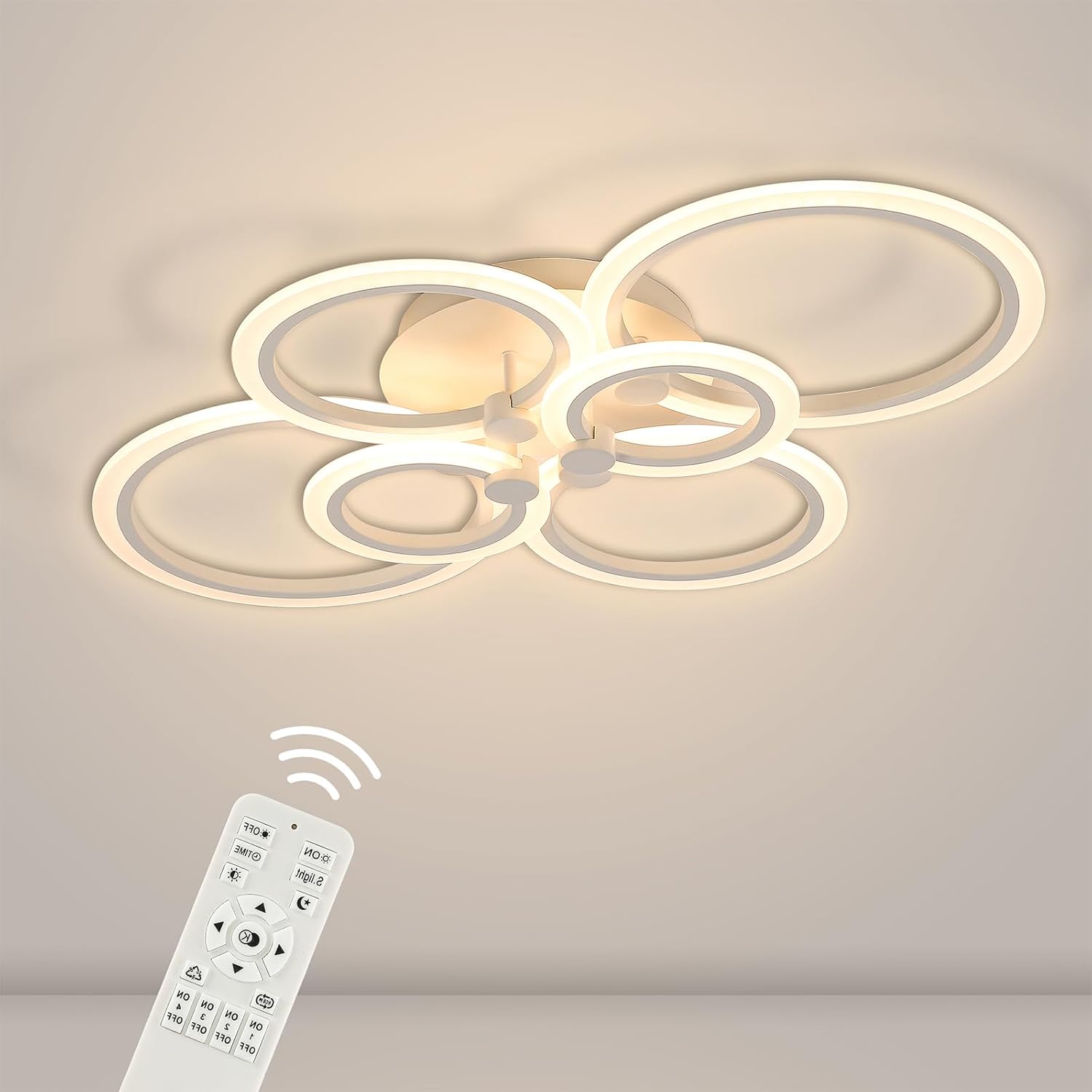 HOMEYER Lámpara de techo LED moderna, regulable, 60 W, con control remoto, 31.5 pulgadas, 6 anillos, lámpara de techo redonda de acrílico empotrado