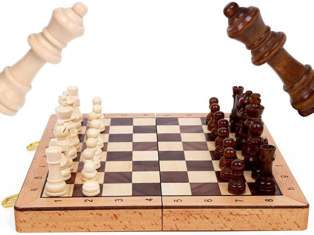 ROLTIN Juego de ajedrez plegable de madera magnético con 2 reinas adicionales, tablero de juego hecho a mano interior para almacenamiento para