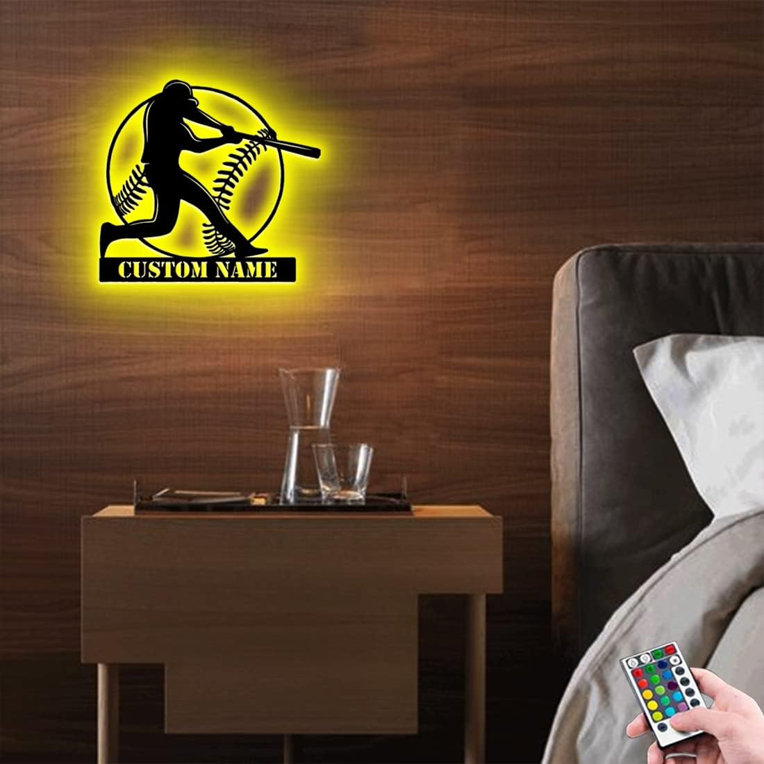 Decoración de pared de béisbol personalizada con 16 colores de luz LED, control remoto, nombre personalizado, letrero de neón, tema deportivo, arte