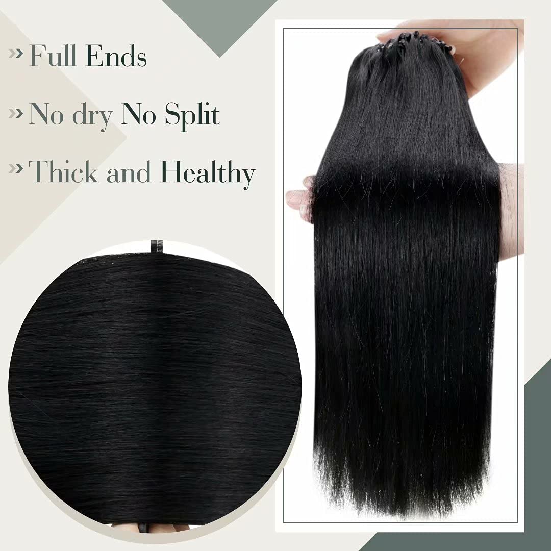 LaaVoo Micro Link Extensiones de cabello humano negro azabache, extensiones de cabello de micro cuentas de fusión fría, 24 pulgadas, extensiones de