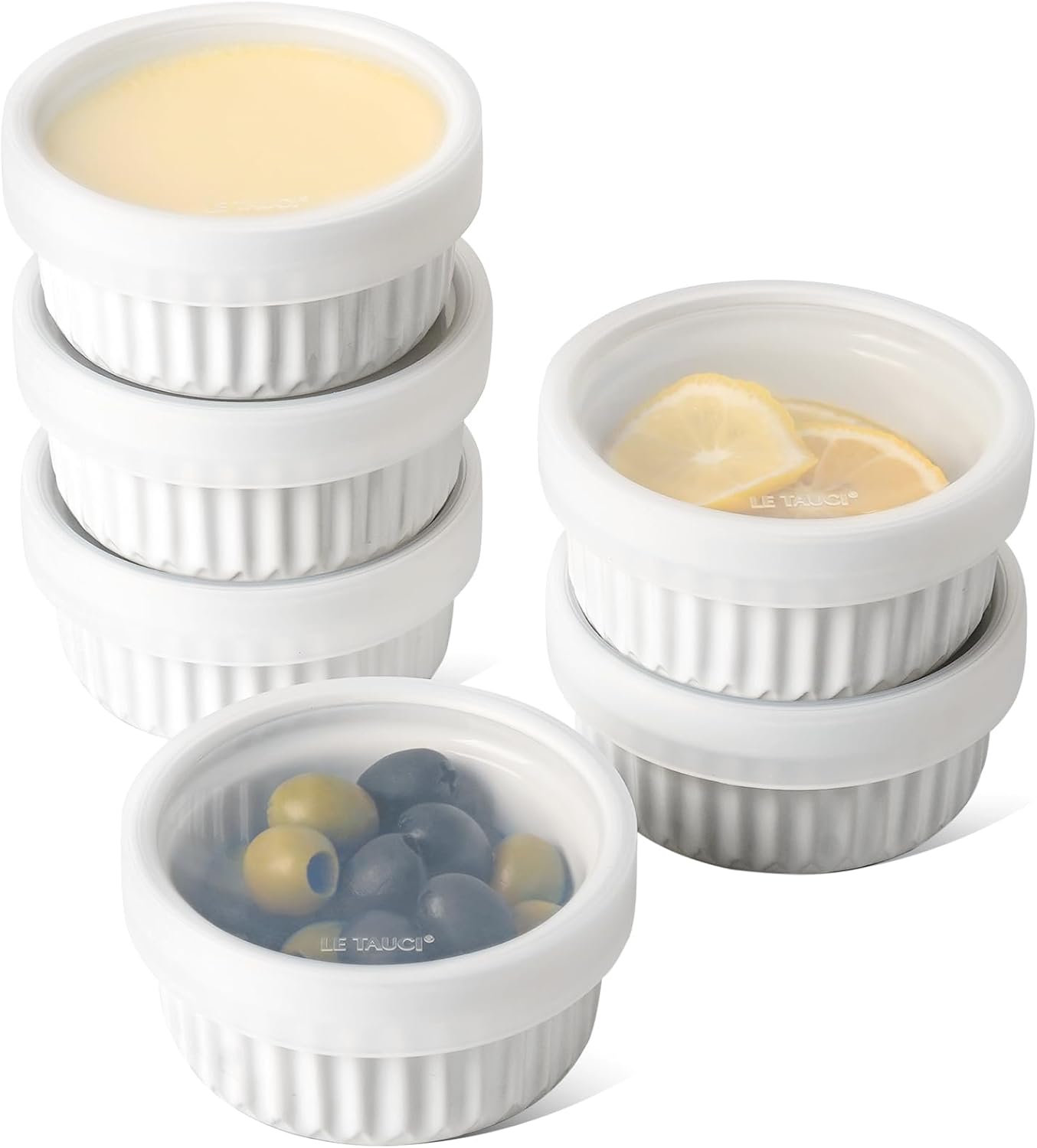 LE TAUCI Ramequines con tapas, 2 generación 4 onzas aptas para horno de crema Brulee Ramekin platos de soufflé con tapas, cuencos de cerámica