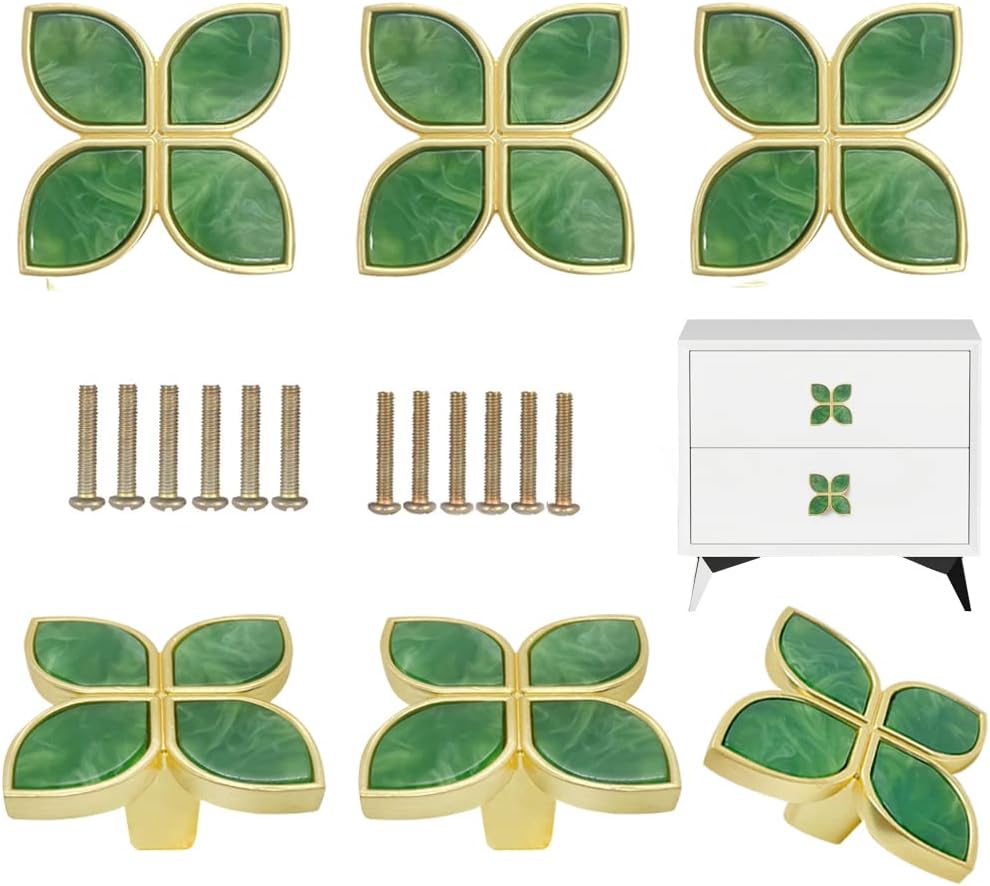 6 pomos de pétalos para gabinete, pomos dorados para cajones de aparadores, pomos decorativos de trébol de cuatro hojas, manija para cajones de