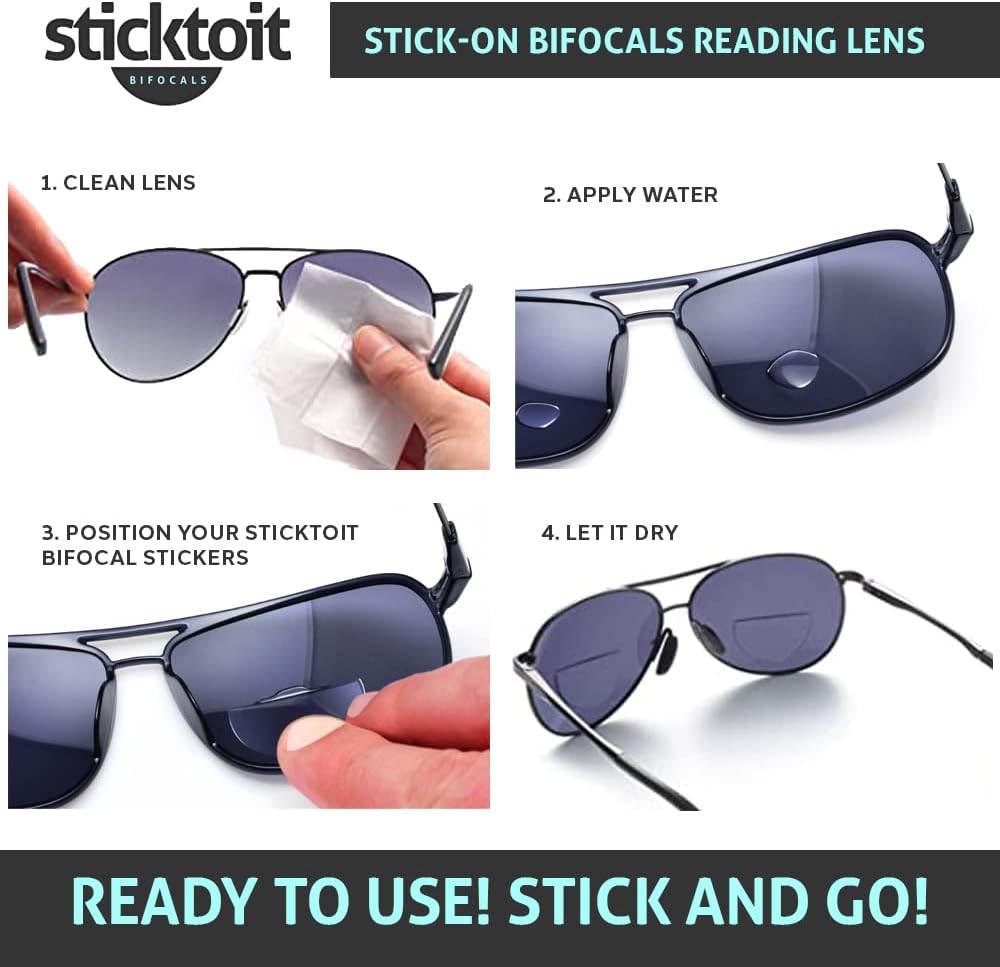 StickToIt – Lentes bifocales adhesivas, convierte cualquier gafas de sol o gafas en bifocales, reutilizables, adhesivas, de 1.00 a 3.50 dioptrías