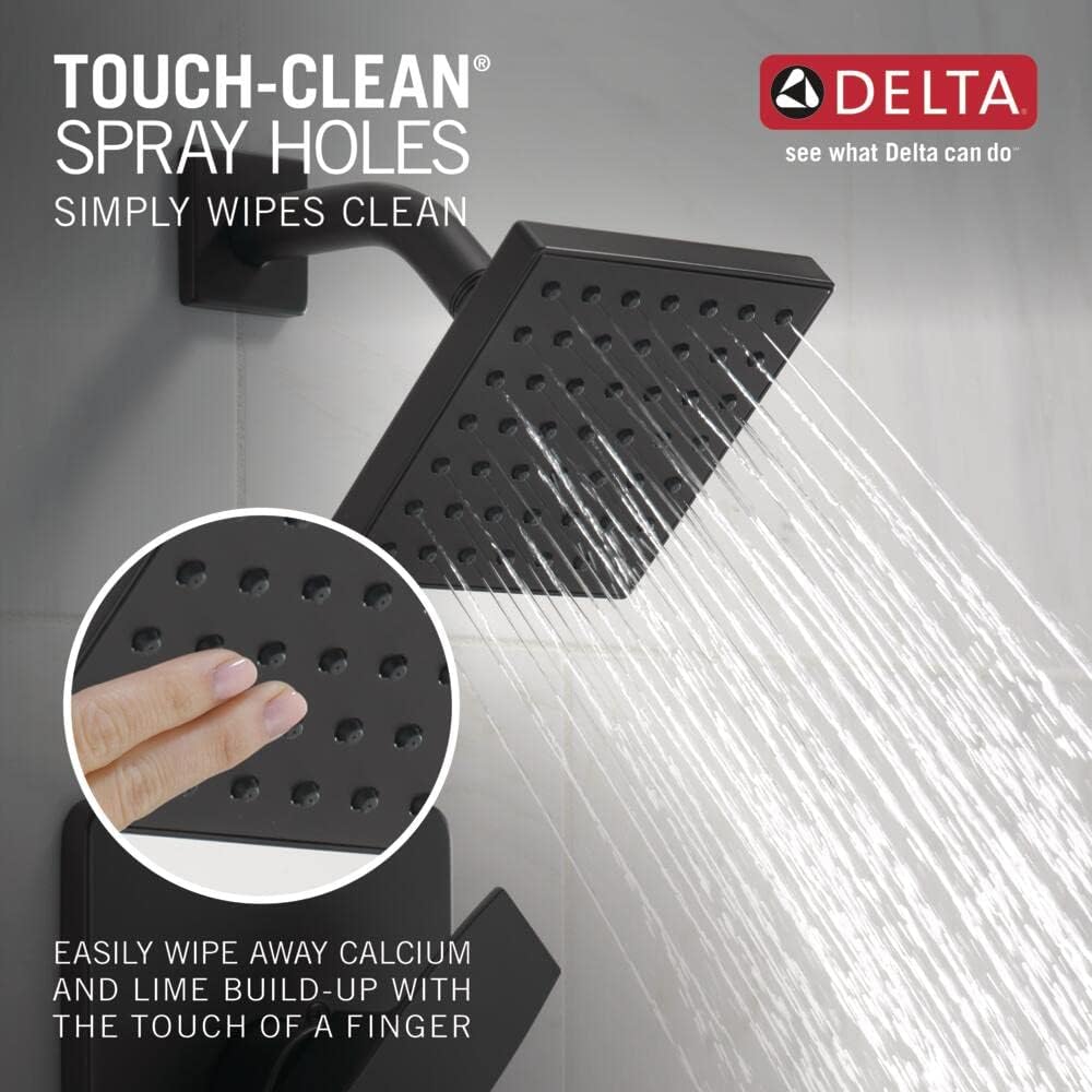 Delta Faucet Moderno cabezal de ducha de un solo rociador de 5 pulgadas, cabezal de ducha cuadrado negro, cabezal de ducha de alta presión, caudal