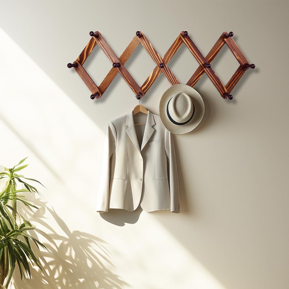 AMAPON Perchero expandible de madera de acordeón para colgar en la pared, 13 clavijas, sombrero, tapa, taza de café, toallas, correa, bufanda,