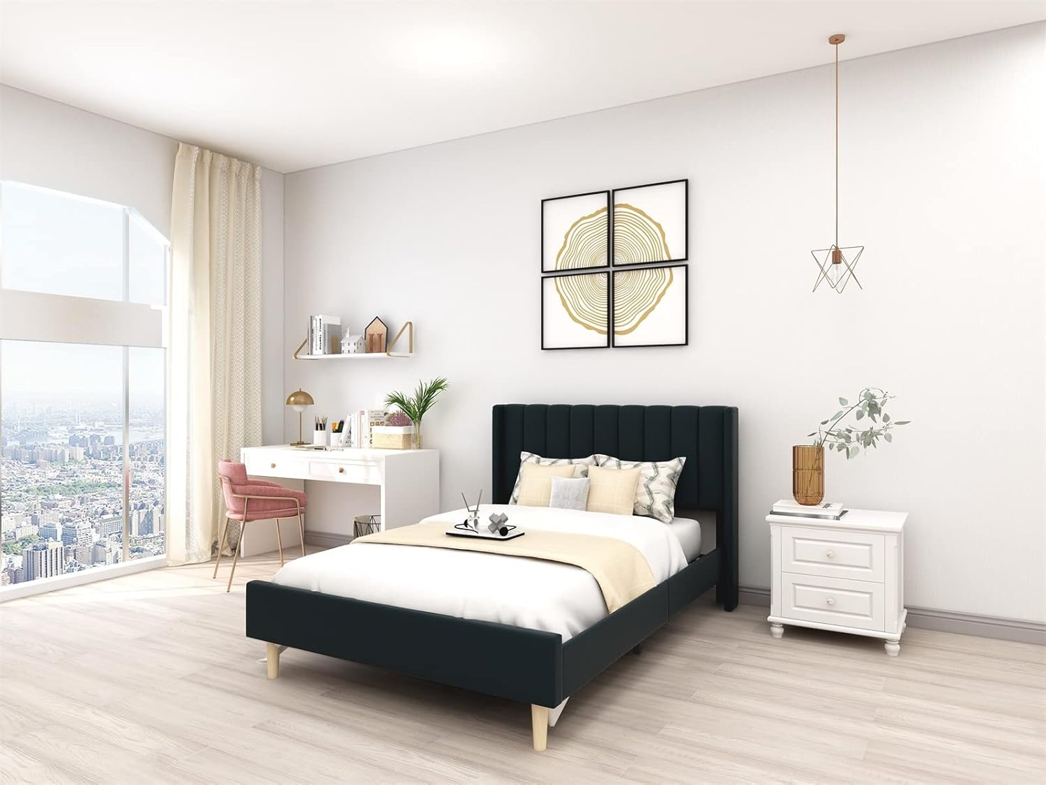 Cama de plataforma tapizada de perfil bajo, camas matrimoniales con negro (lino)