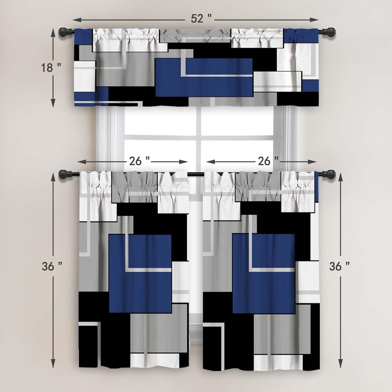 MCALK Juego de cortinas de cocina azul marino, 3 piezas para ventanas, arte geométrico moderno, juego de cortinas de ventana de cocina, cenefas