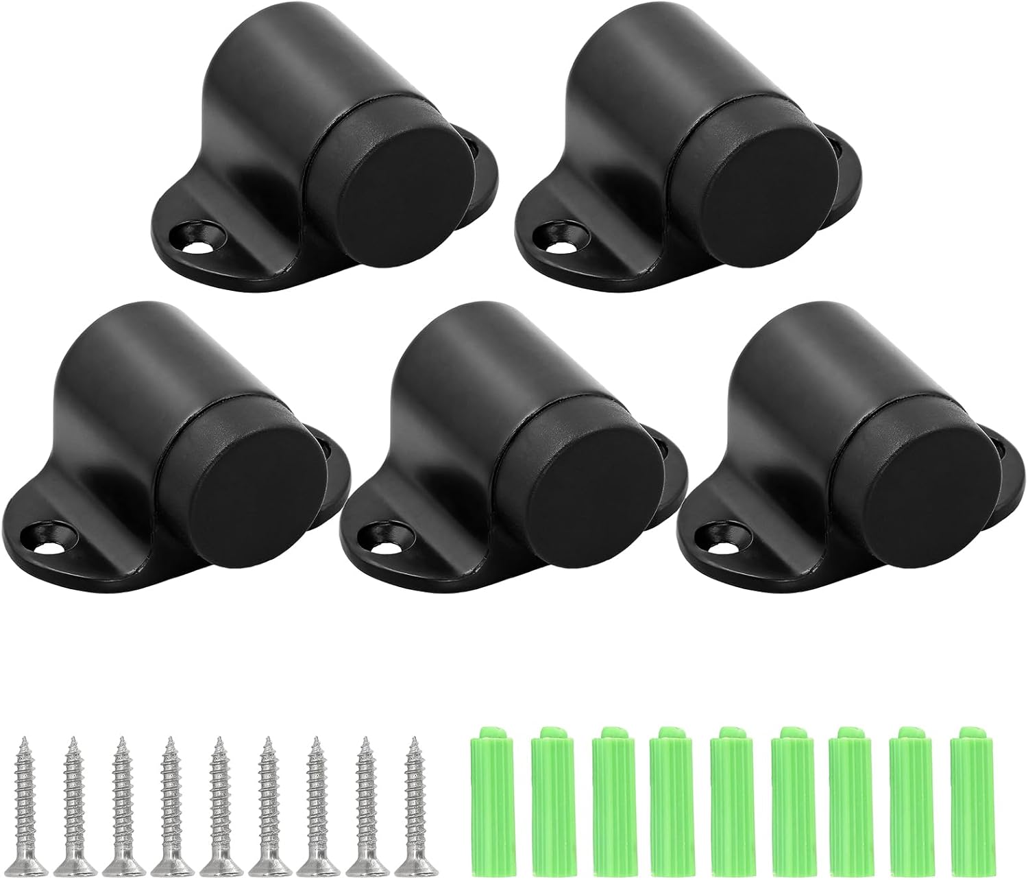 5 topes de puerta de montaje en el suelo, tope de puerta de alta resistencia negro plano con parachoques de goma y tornillos de acero inoxidable,