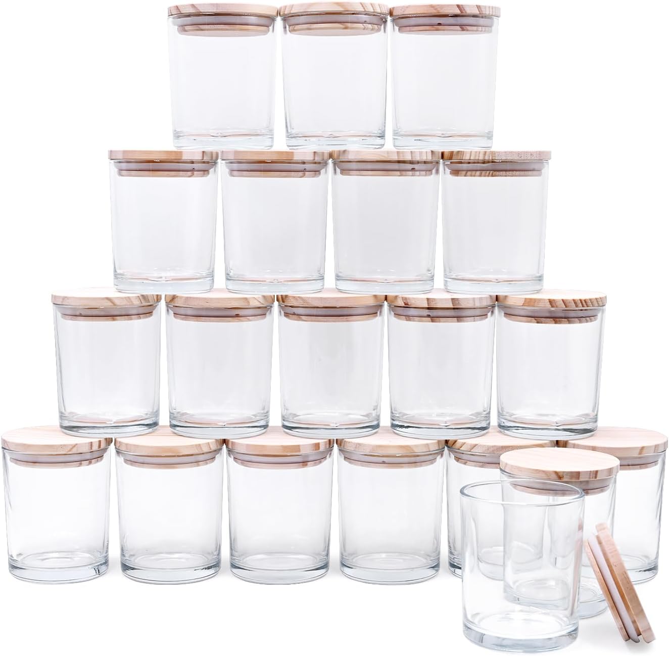 SHOWIN Tarros gruesos para hacer velas, 20 unidades, tarros de vidrio vacíos transparentes de 7 onzas con tapas de madera, tarros de especias,