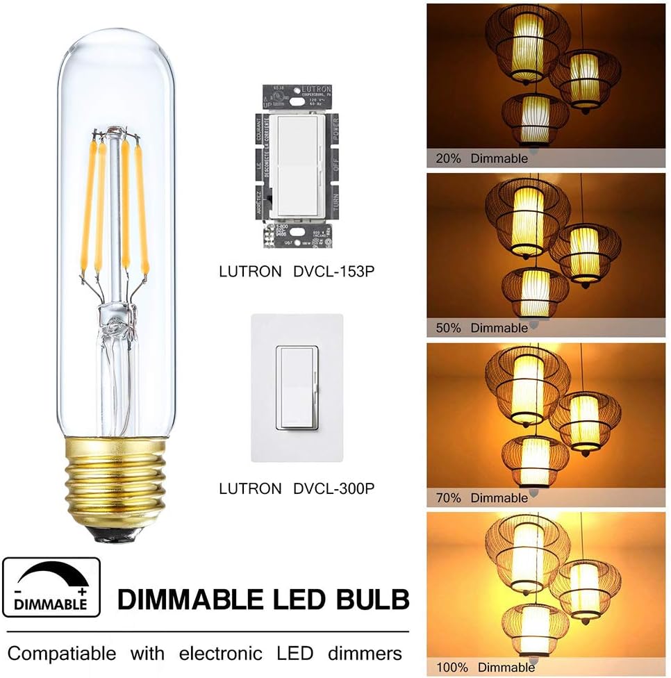 Leools Bombilla de tubo LED de vidrio de 4 W, regulable Edison T10, bombilla tubular E26 de base media, bombilla incandescente de 40 W, equivalente