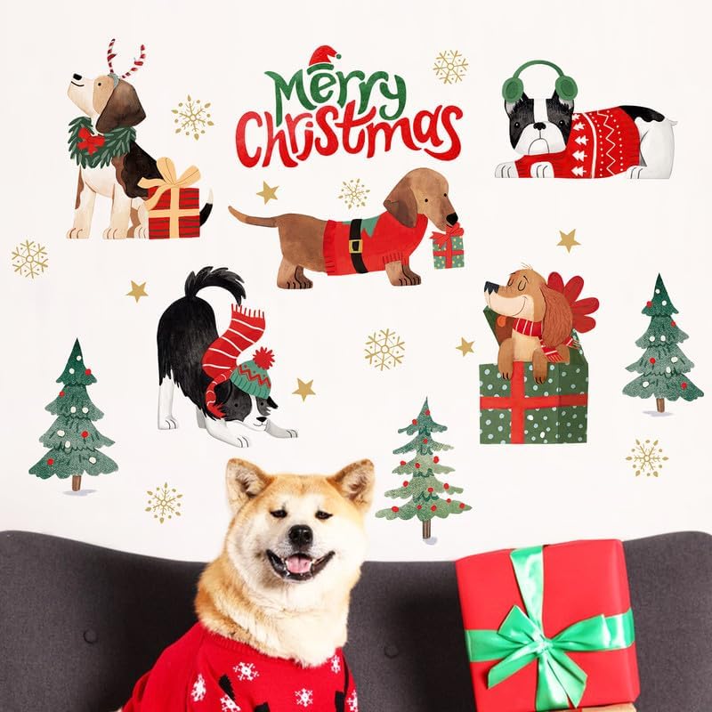Yovkky Calcomanías de pared de perro de Feliz Navidad, árbol de Navidad, Golden Retriever cachorro 2024, regalo de Año Nuevo, decoración del hogar,