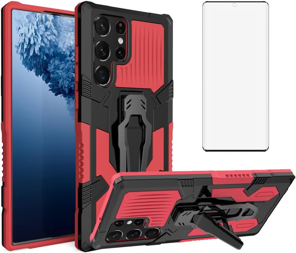 Asuwish Funda protectora compatible con Samsung Galaxy S22 Ultra 5G y protector de pantalla de vidrio templado con clip para cinturón, resistente