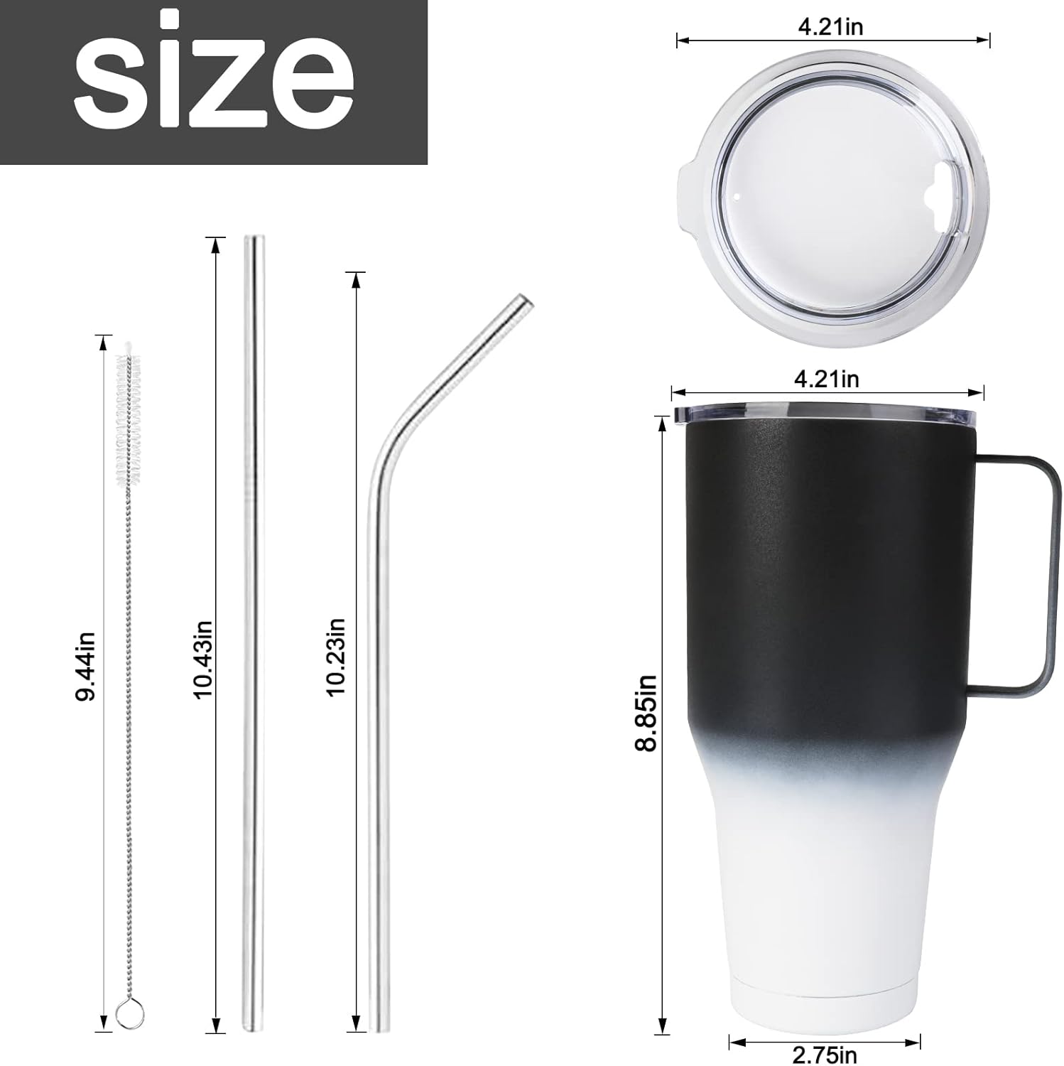 Sangyn Vaso aislado de 40 onzas con asa, tazas de viaje de acero inoxidable al vacío con tapa y popote, mantiene el frío hasta 24 horas para uso en
