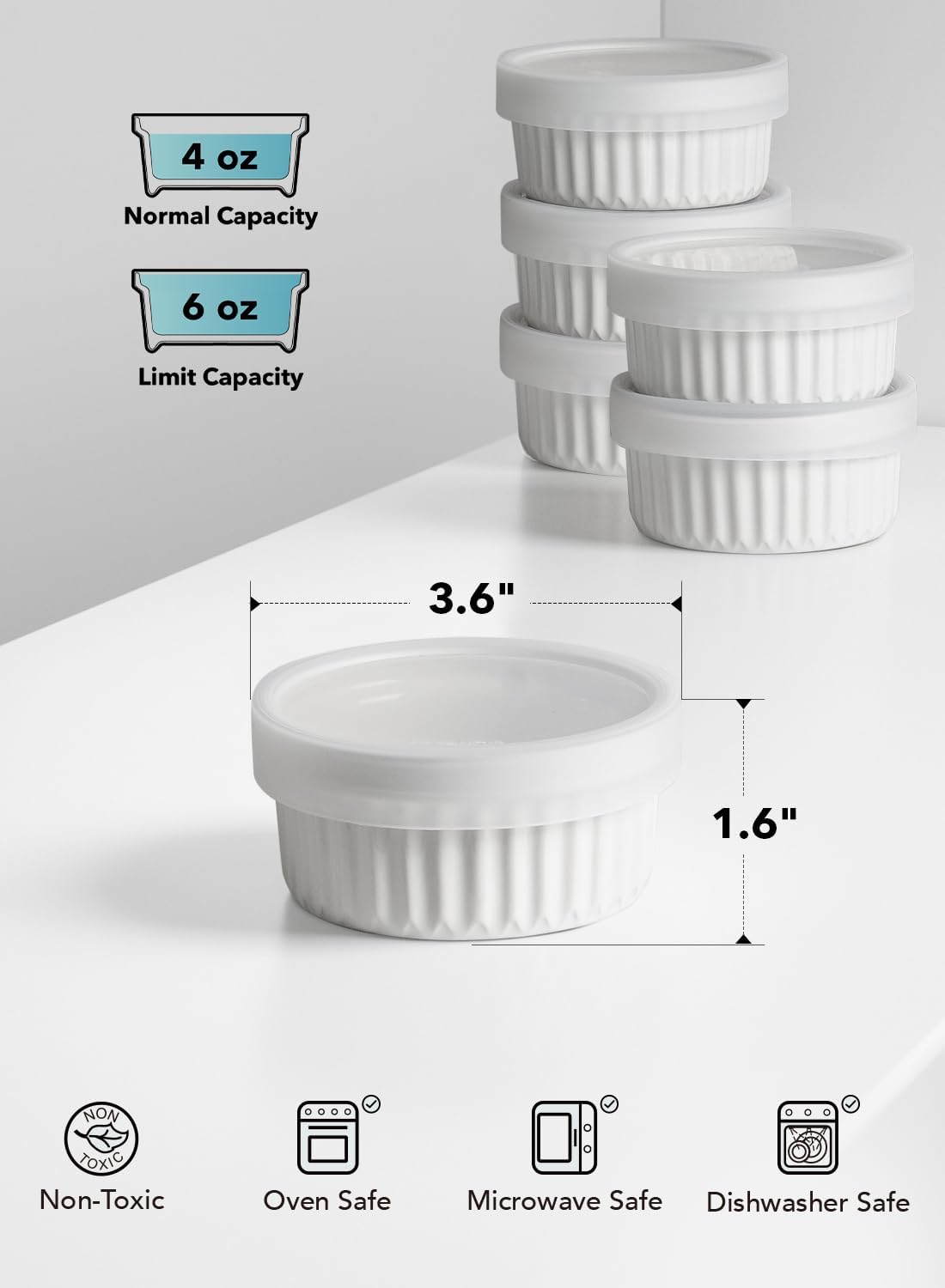 LE TAUCI Ramequines con tapas, 2 generación 4 onzas aptas para horno de crema Brulee Ramekin platos de soufflé con tapas, cuencos de cerámica