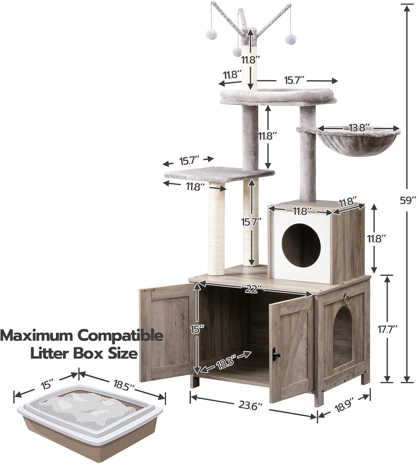 HOOBRO Torre de árbol para gatos con caja de arena para gatos de interior, condominio de madera para gatos con postes rascadores, caja de arena para