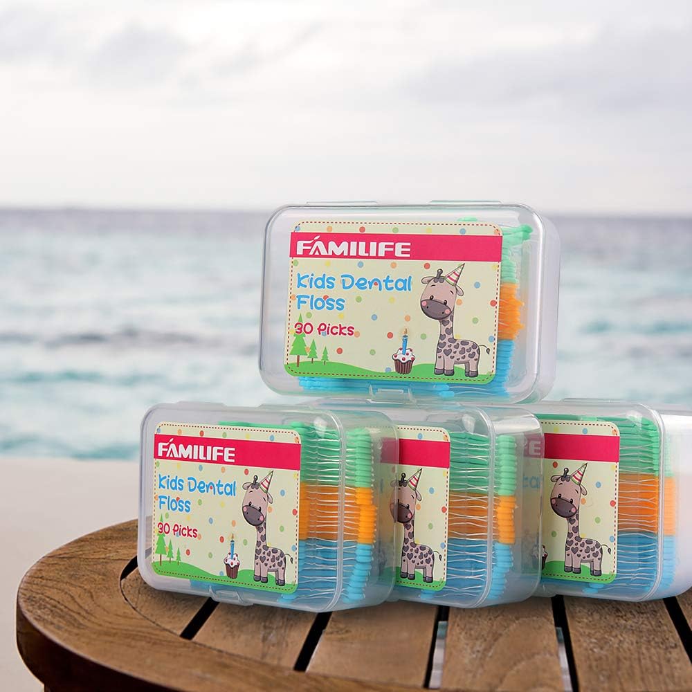 FAMILIFE Púas de hilo dental, 120 púas de hilo dental para niños sin flúor, púas de dientes con 4 estuches prácticos de viaje, ayuda a combatir la
