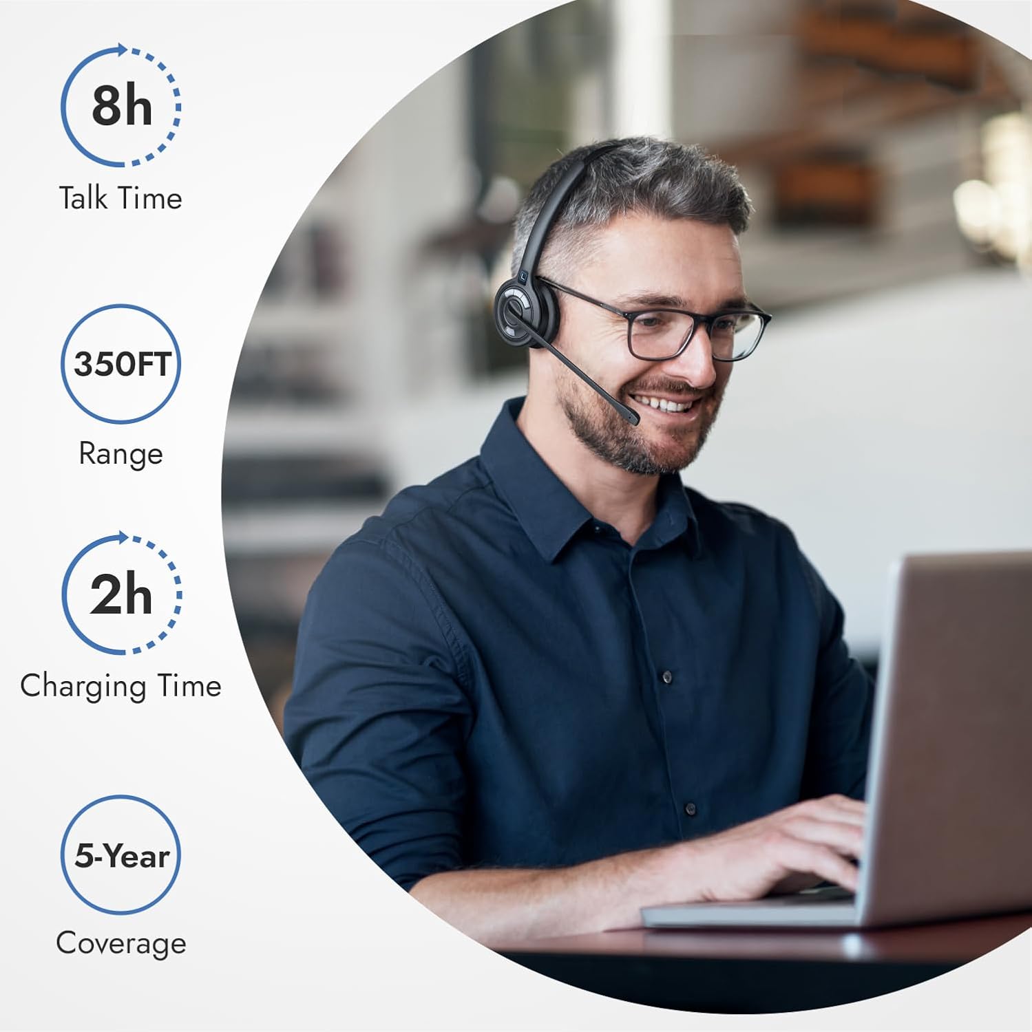 LH370 Auriculares inalámbricos de oficina 3 en 1 con micrófono – Computadora, teléfono y teléfono celular – Garantía de 5 años – Oreja única