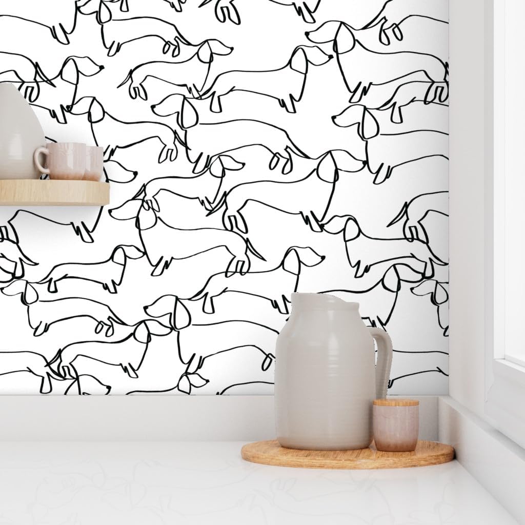 Spoonflower Papel tapiz para despegar y pegar, diseño de líneas blancas y negras de perro salchicha Weiner Dogs Papel pintado extraíble personalizado