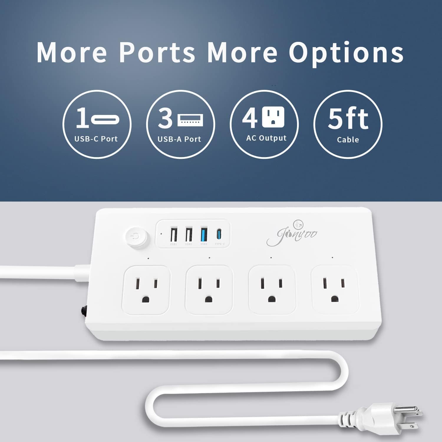 Regleta de protección contra sobretensiones, 4 salidas de CA, 1 USB C 1 tipo C 2 USB 40 W 1250J con puerto de entrega PD de 5 pies de largo, cable