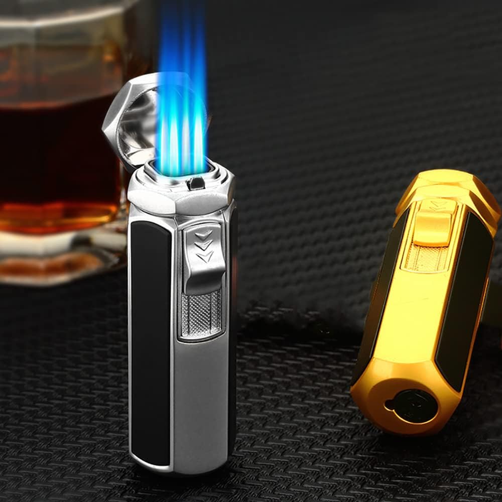 Encendedor de antorcha, encendedor de butano, resistente al viento, recargable, cuatro encendedores de llamas, gran idea de regalo para hombres y