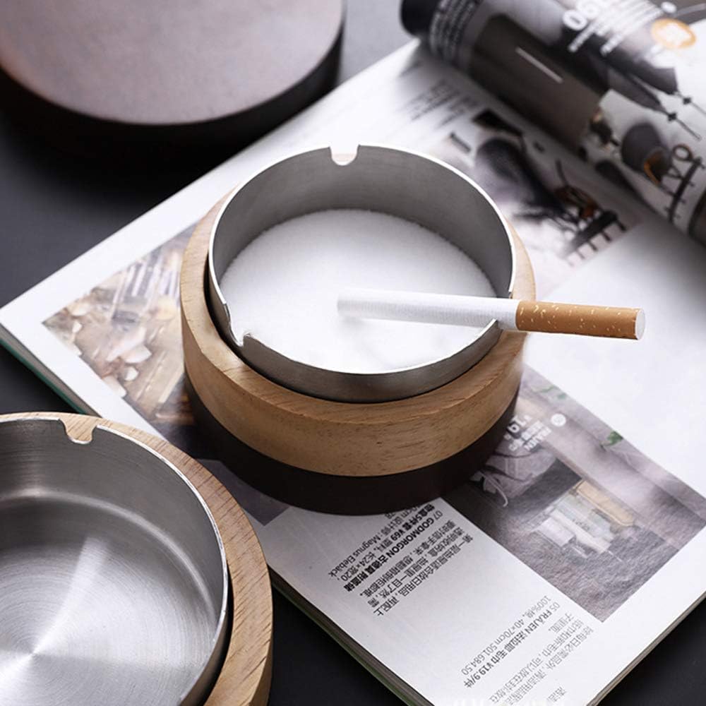 Cenicero con tapa, cenicero sin humo para malezas, ceniceros resistentes al viento para cigarrillos en interiores o exteriores, madera + bandeja de