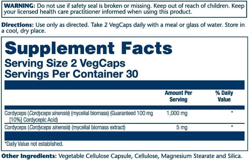 Solaray Seta de potencia garantizada, extracto de Cordyceps, tapa vegetal (Btl-plástico) 1000mg  60ct