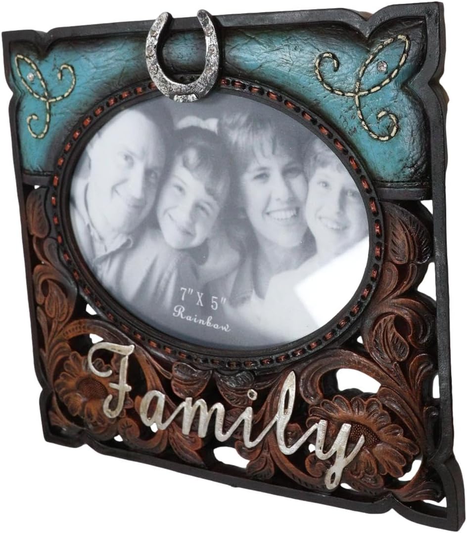 Ebros Gift Rustic Western Family – Marco de fotos de piel sintética turquesa y resina de madera tallada, 7 x 5 pulgadas, con caballete trasero,