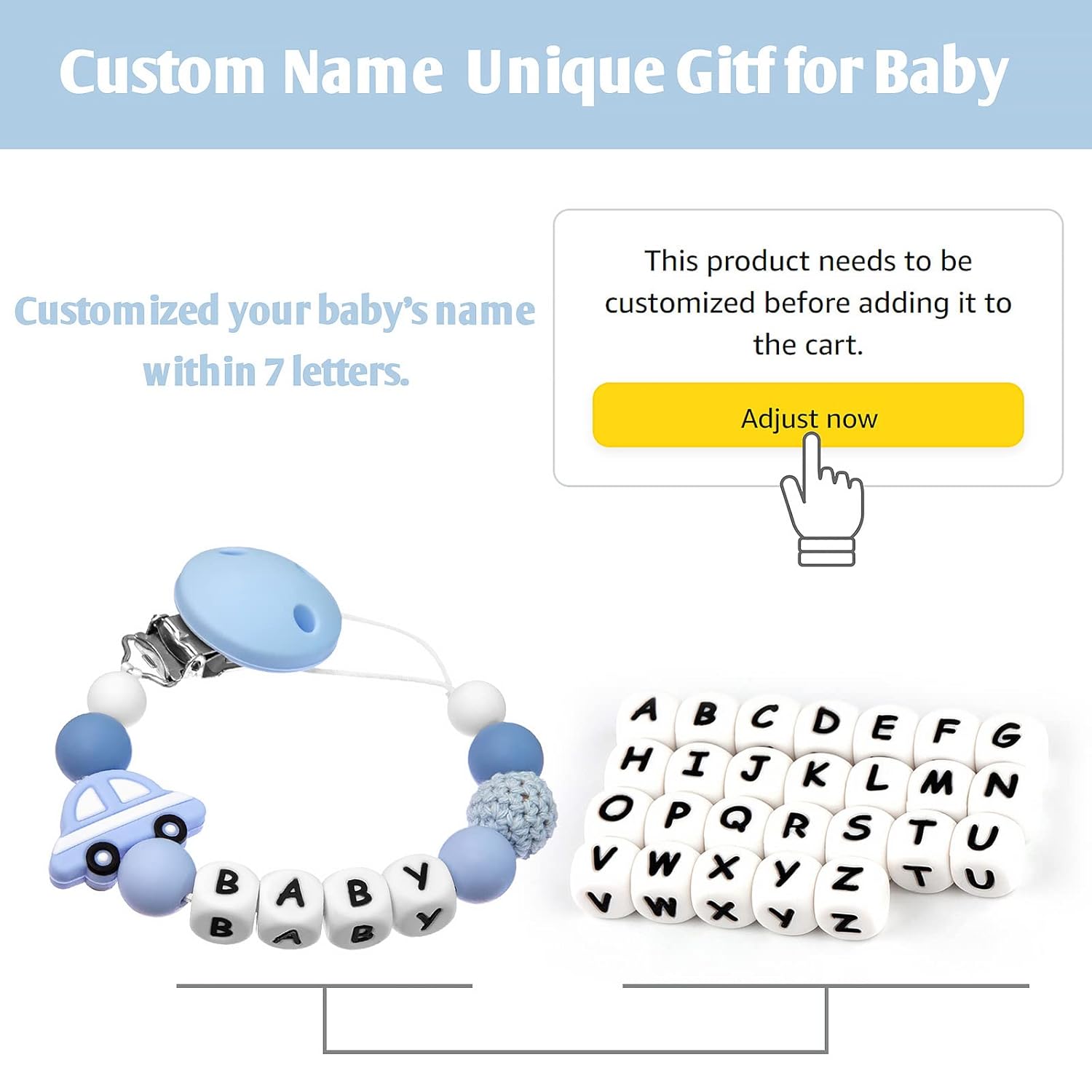 Clip para chupete personalizado con nombre para bebé, clip de chupete personalizado para todos los chupetes, regalo de cumpleaños de bebé de Navidad