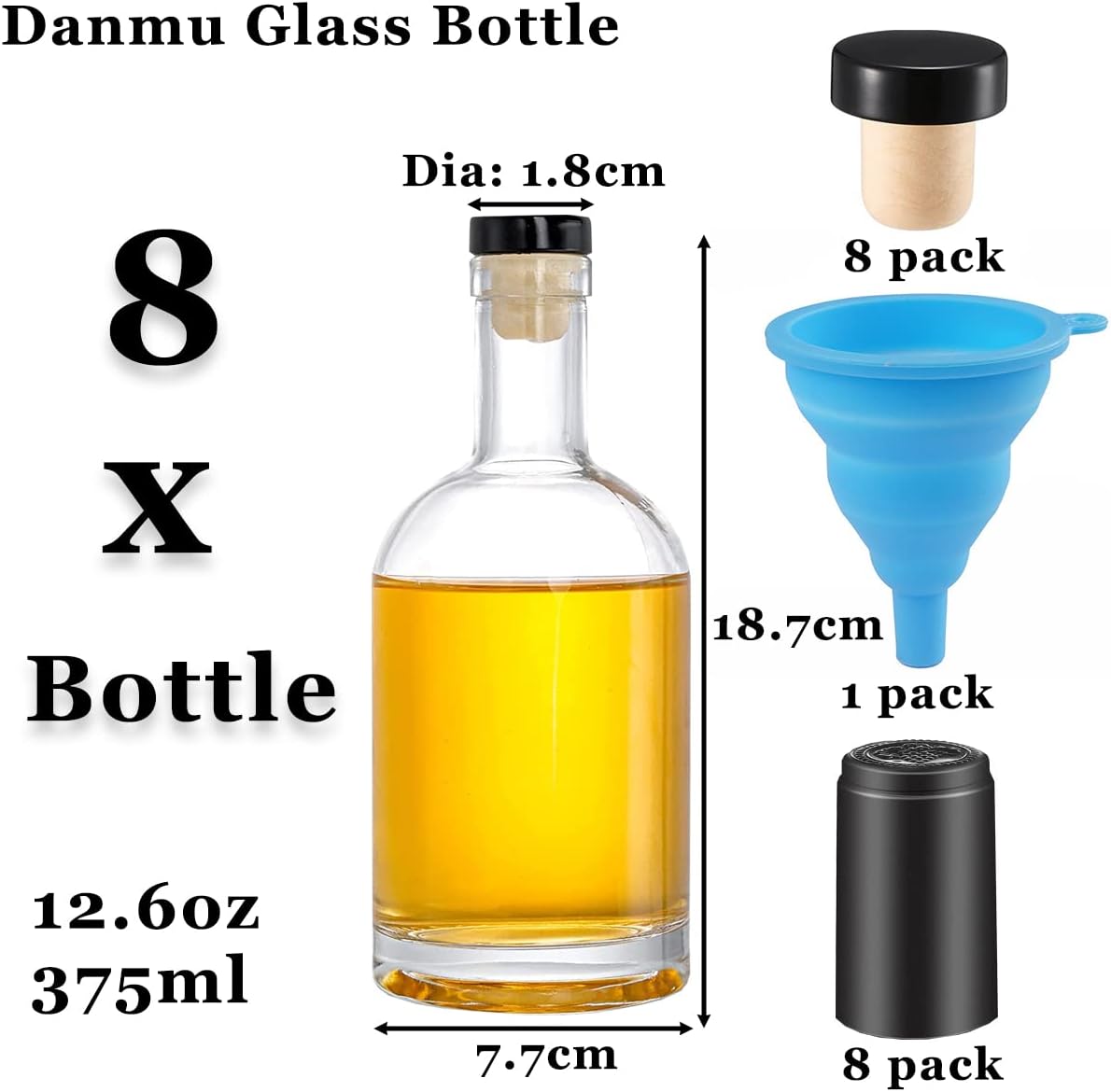 Danmu Paquete de 8 botellas de vidrio, botellas de vidrio de 12.6 onzas con corcho, botellas de vidrio con tapas, botellas de vino, botellas de