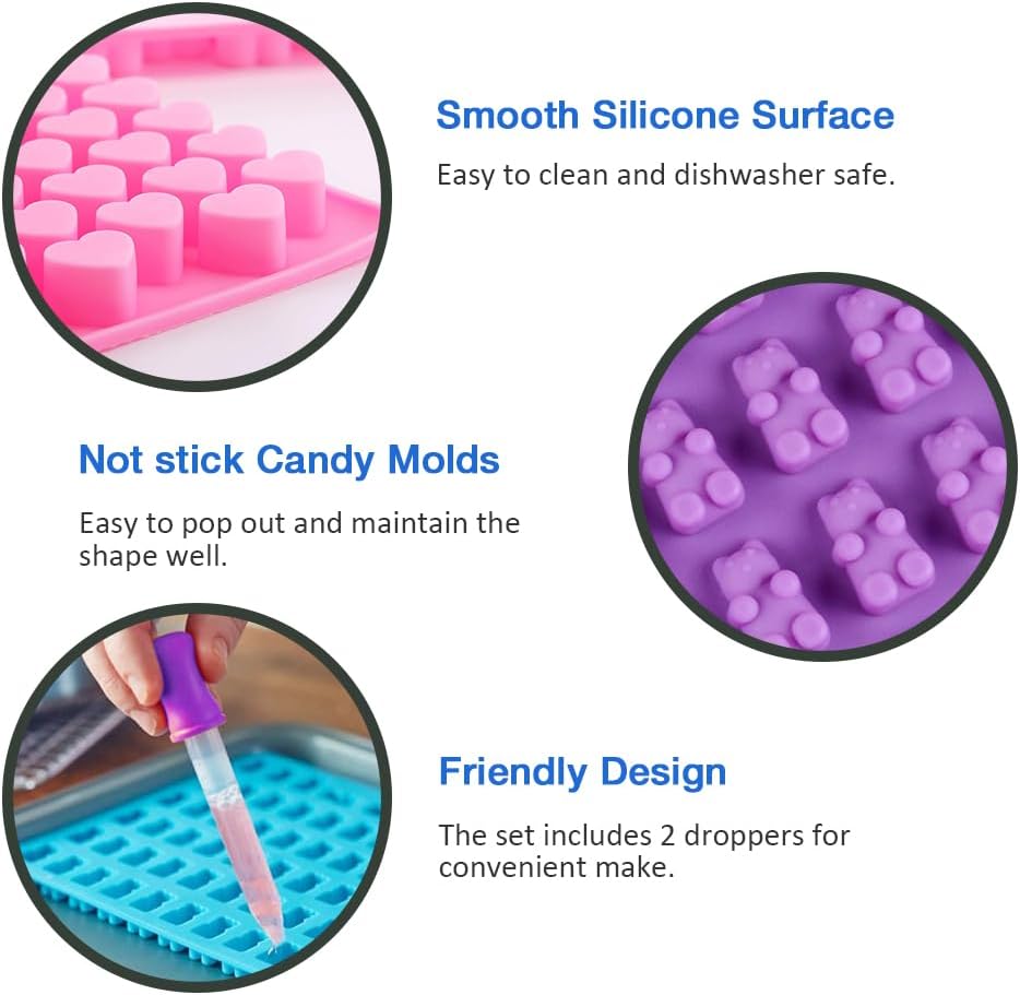 Juego de 4 moldes de silicona para gomitas, moldes de caramelo con 2 cuentagotas para un relleno cómodo, juego de moldes de chocolate incluye moldes