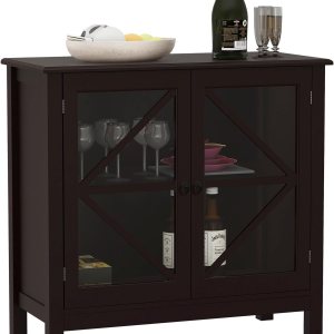 Mesa de bufé de cocina elegante para el hogar, aparador, mesa de consola con 2 puertas de vidrio y estante de almacenamiento, armario de entrada Mesa de bufé de cocina elegante para el hogar, aparador, mesa de consola con 2 puertas de vidrio y estante de almacenamiento, armario de entrada