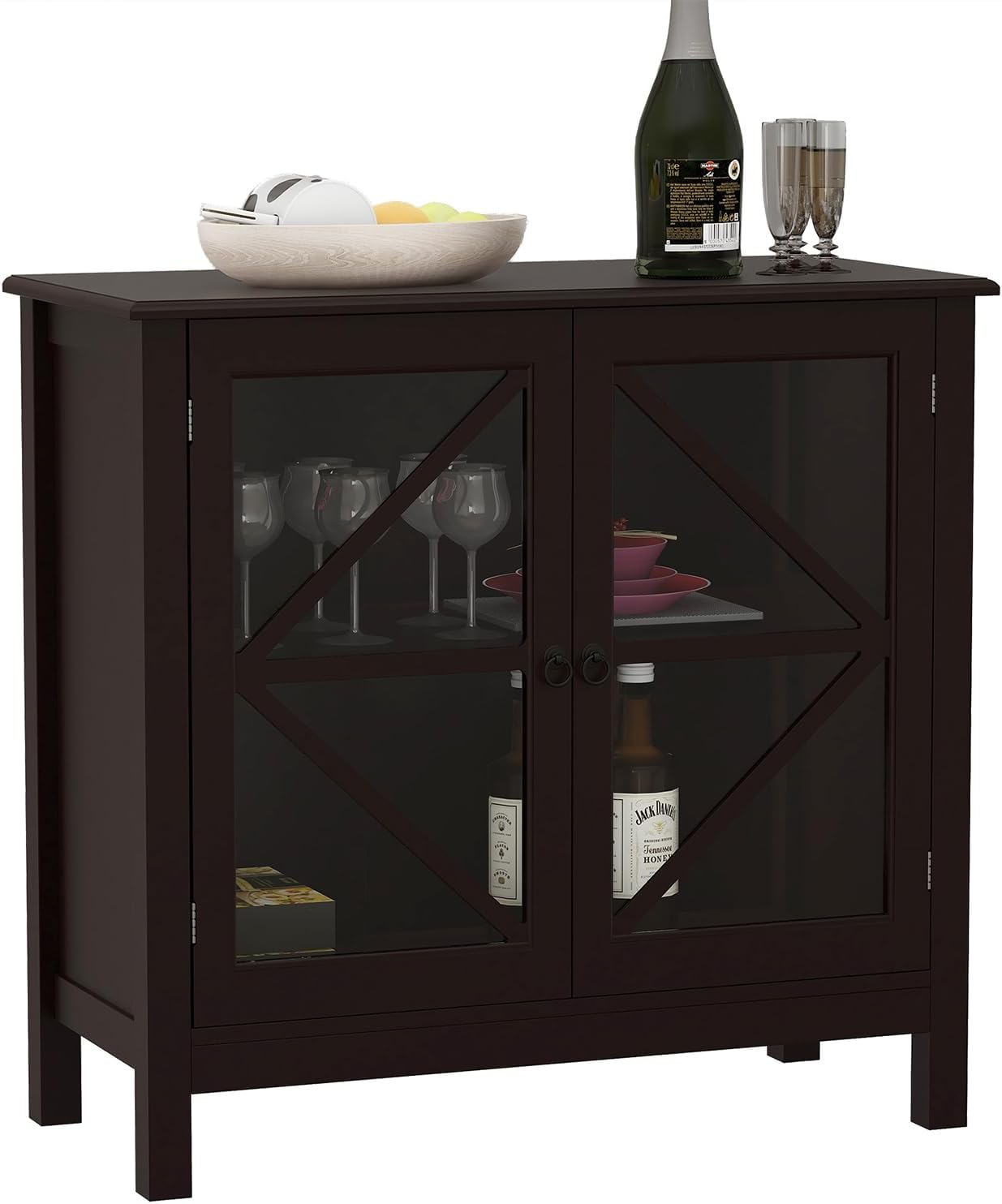 Mesa de bufé de cocina elegante para el hogar, aparador, mesa de consola con 2 puertas de vidrio y estante de almacenamiento, armario de entrada