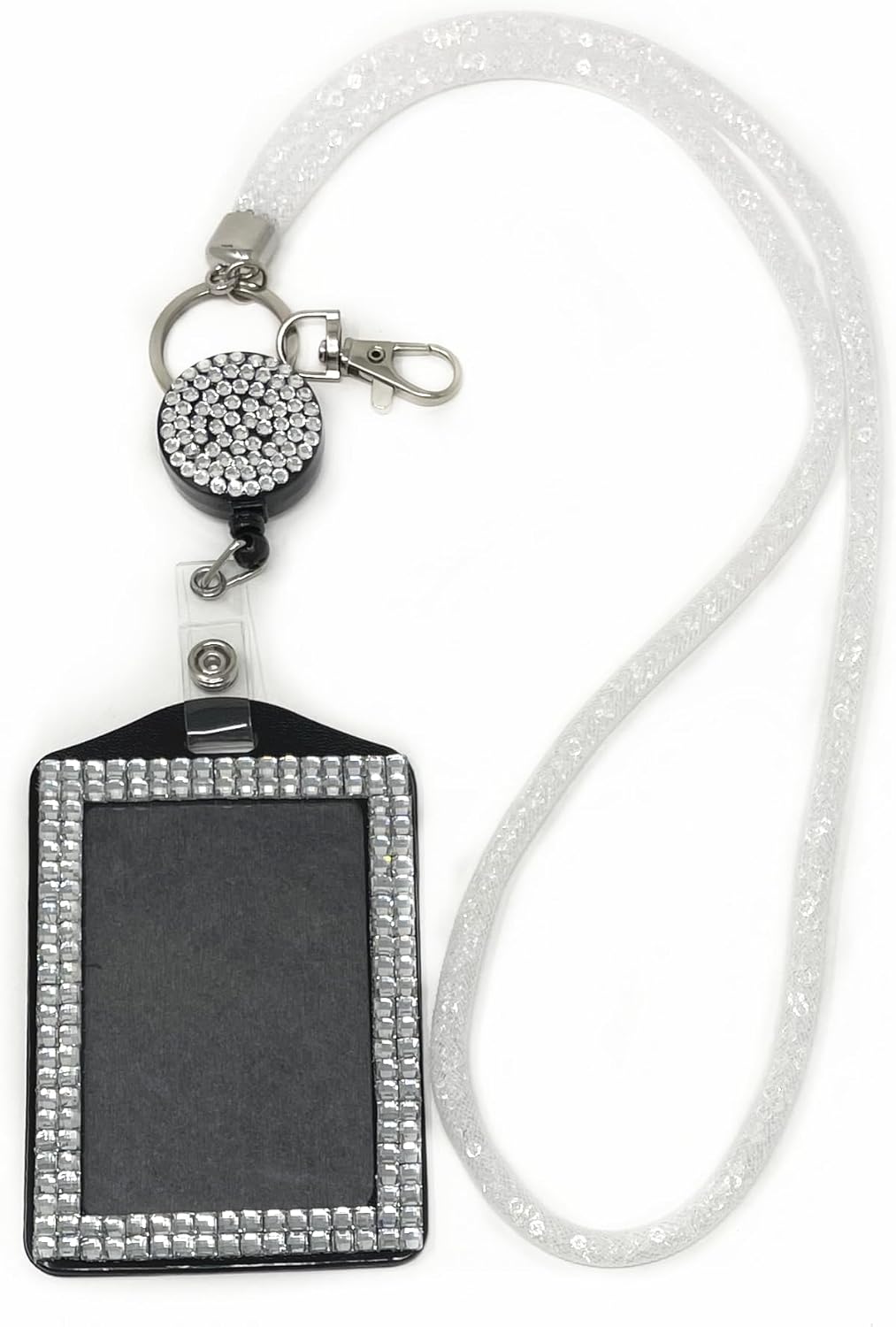 Cordón de malla con cuentas de cristal con diamantes de imitación vertical para tarjetas de identificación (blanco con carrete retráctil)