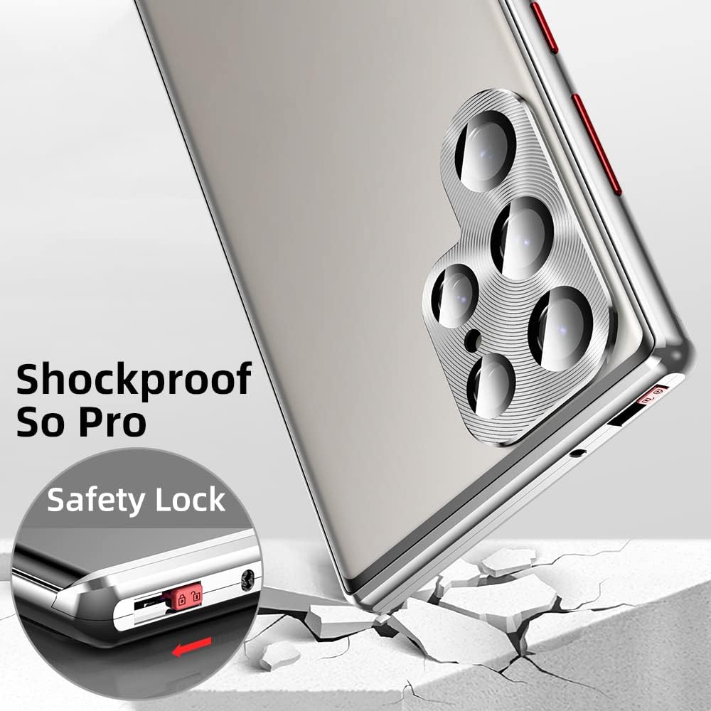 Jonwelsy Funda para Samsung Galaxy S23 Ultra, absorción magnética de aleación de aluminio parachoques con bloqueo de seguridad protección de 360