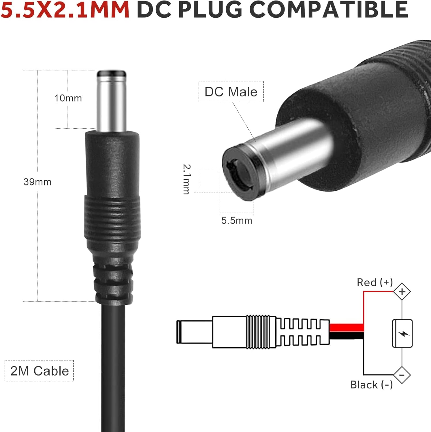 Udibas Cable de alimentación para cámara Trail de 79 pulgadas cable de alimentación externo de CC, compatible con enchufe de CC de 0.217 x 0.083 in,