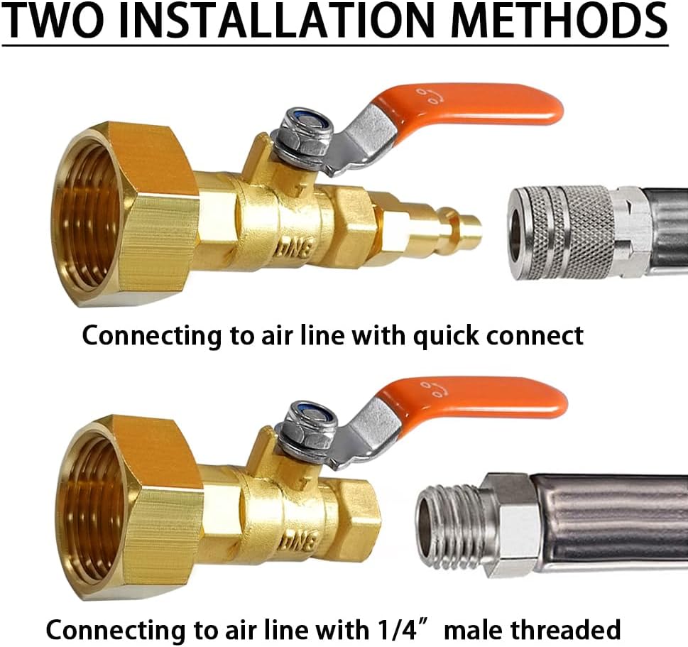 Adaptador de latón soplado RV Winterize con válvula de bola, enchufe de conexión rápida de aire de 14 pulgadas a macho de 34 pulgadas GHT y rosca