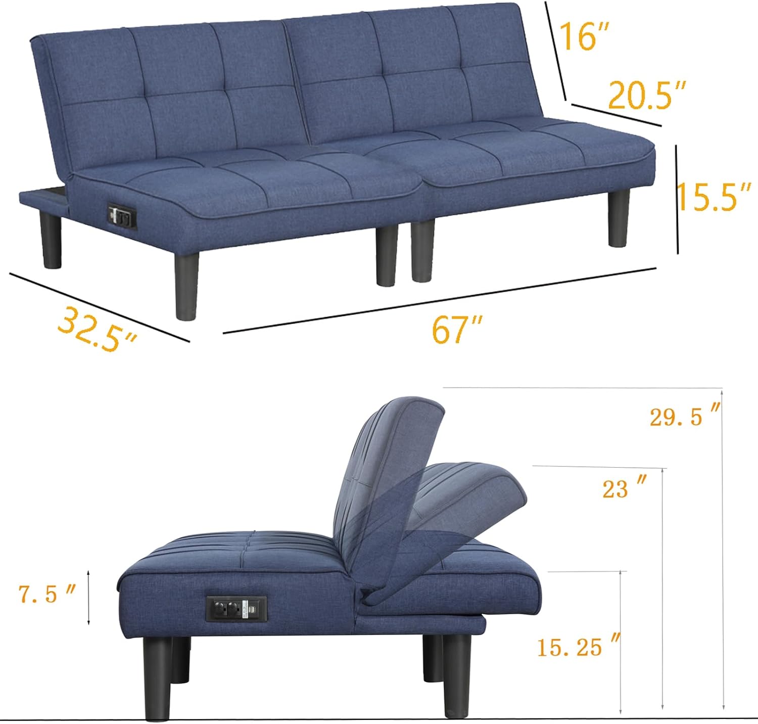 Sofá cama convertible 3 en 1 tamaño individual, sofá biplaza futón con respaldo plegable ajustable sin espalda, 2 piezas pequeñas futón sillas para