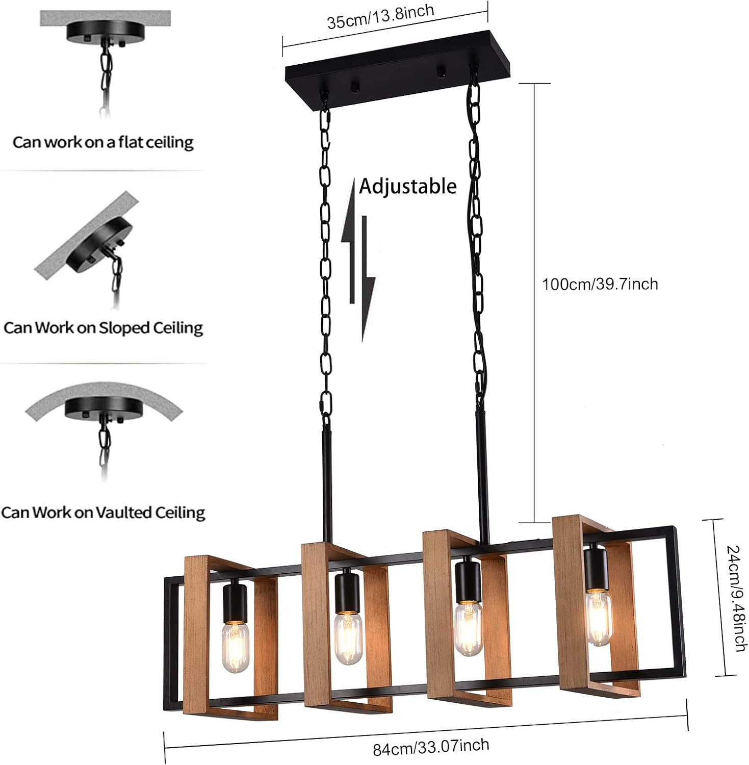 Lámpara de araña de 33 pulgadas para isla de cocina, lámpara rústica de 4 luces, lámpara colgante industrial moderna negra para mesa de comedor y