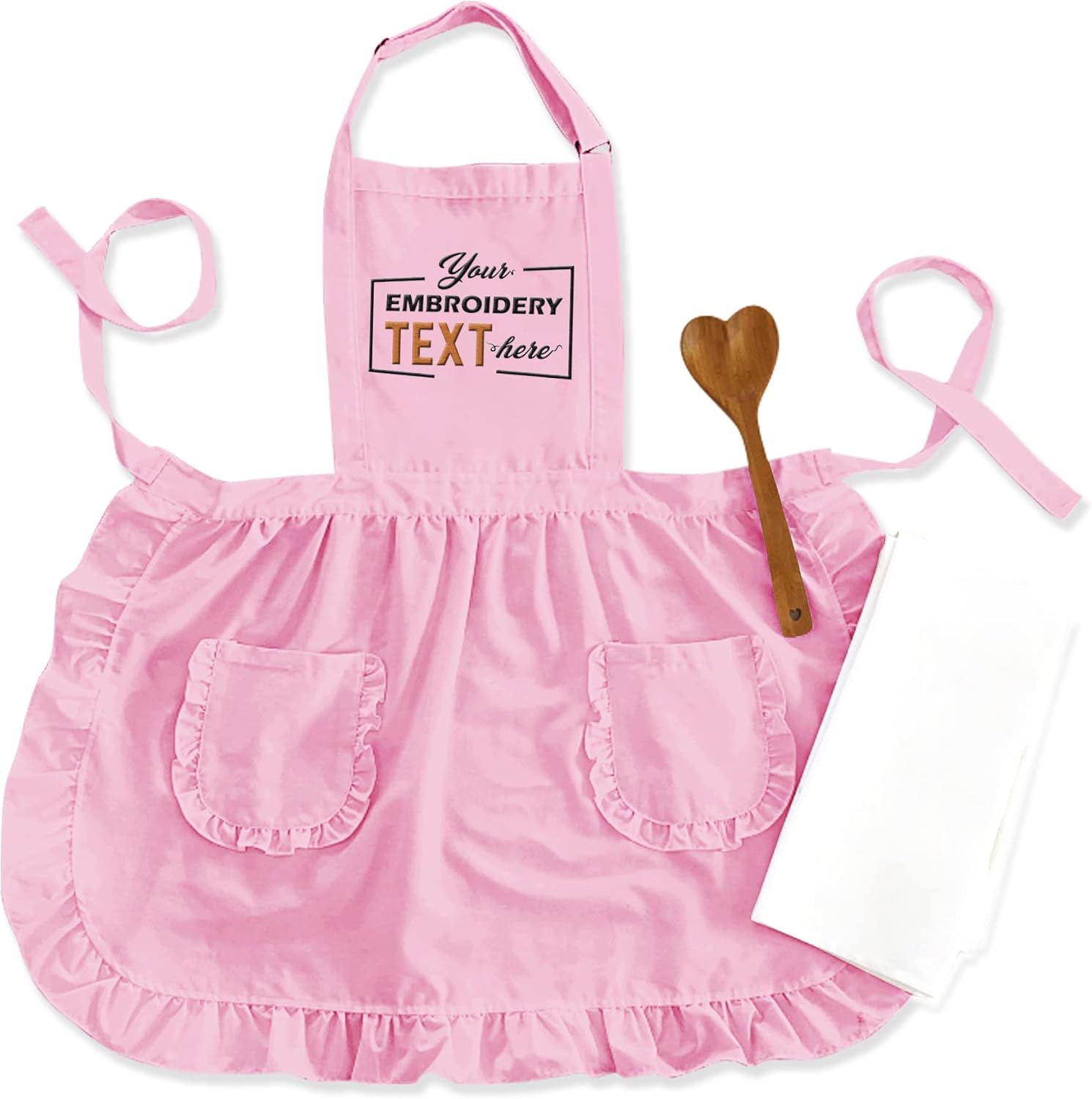 TEEAMORE Delantal bordado personalizado con volantes para cocina, horneado, parrilla, limpieza, disfraz de sirvienta, delantal de mujer con bolsillos