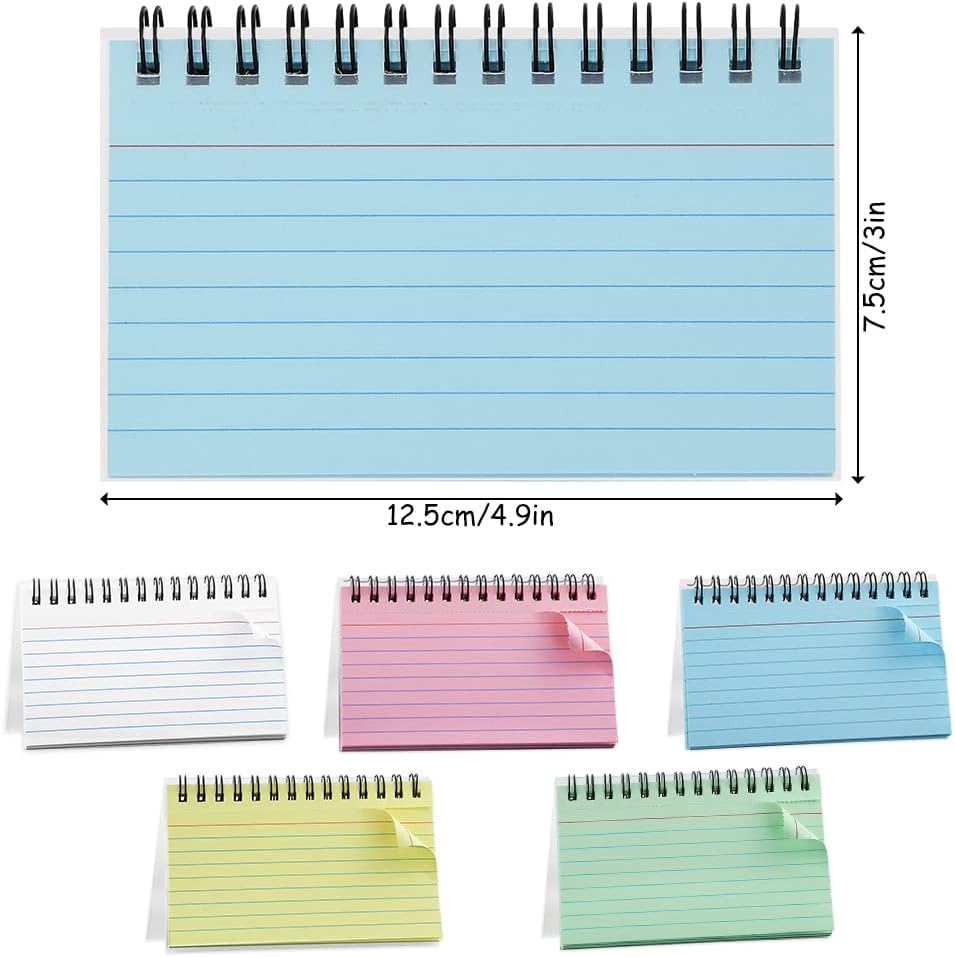 Paquete de 5 tarjetas de índice, 250 hojas de 3 x 5 pulgadas, tarjetas flash con forro multicolor de fácil desgarro, tarjetas de registro de
