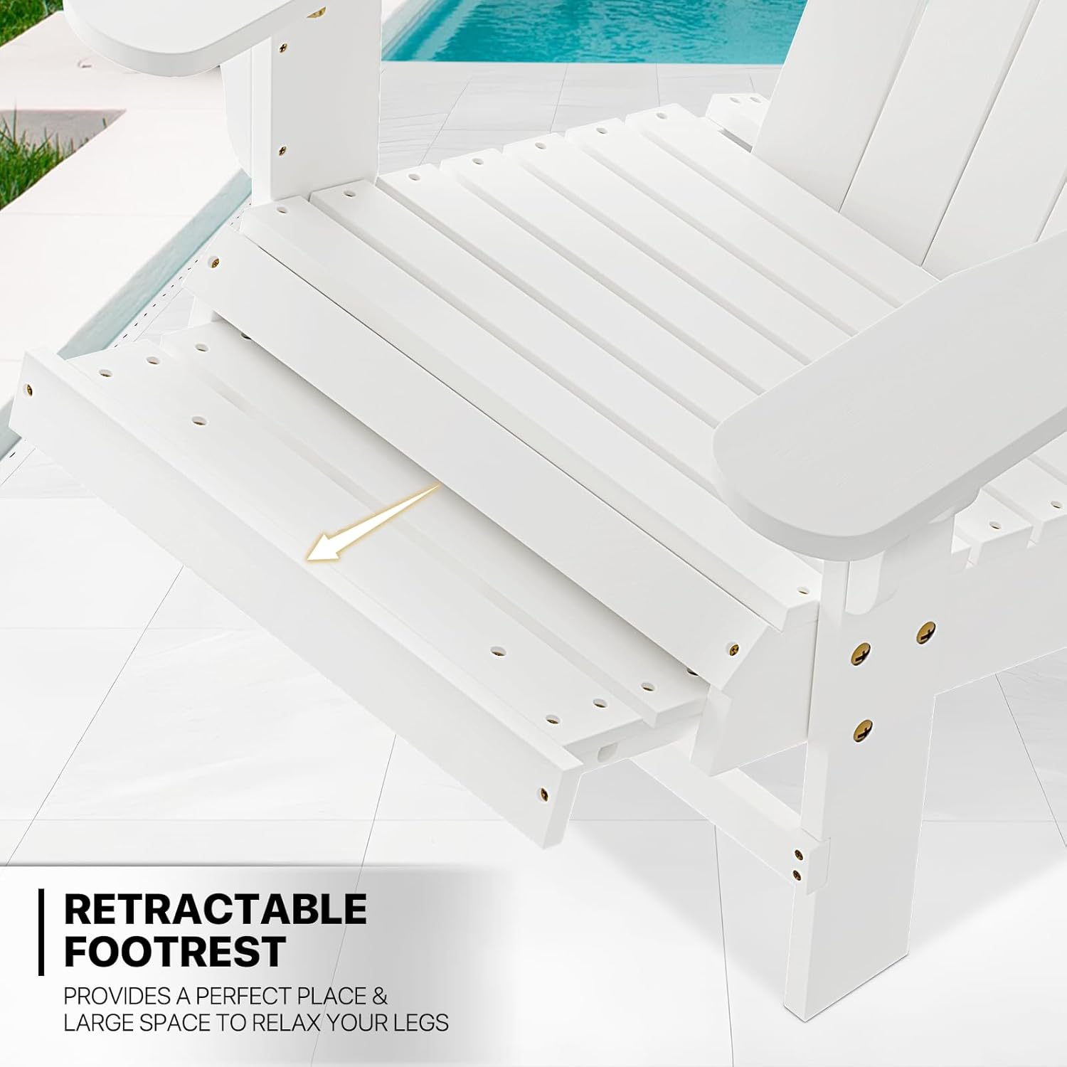MoNiBloom Juego de 2 sillas Adirondack blancas con otomana retráctil, cómodas sillas de madera de abeto para todo tipo de clima, para patio trasero,