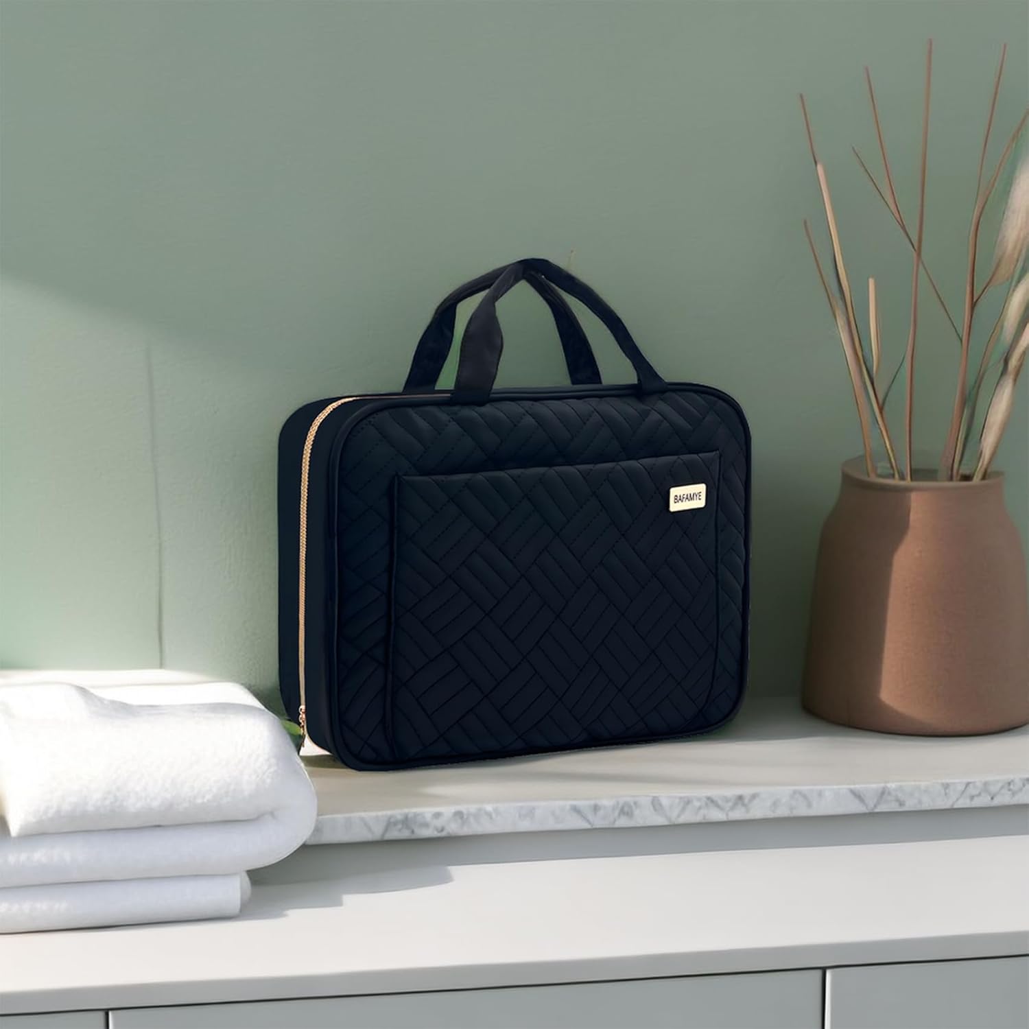 BAFAMYE Neceser de viaje para mujer, resistente al agua, bolsa de cosméticos para maquillaje, contenedor de tamaño completo con gancho para colgar