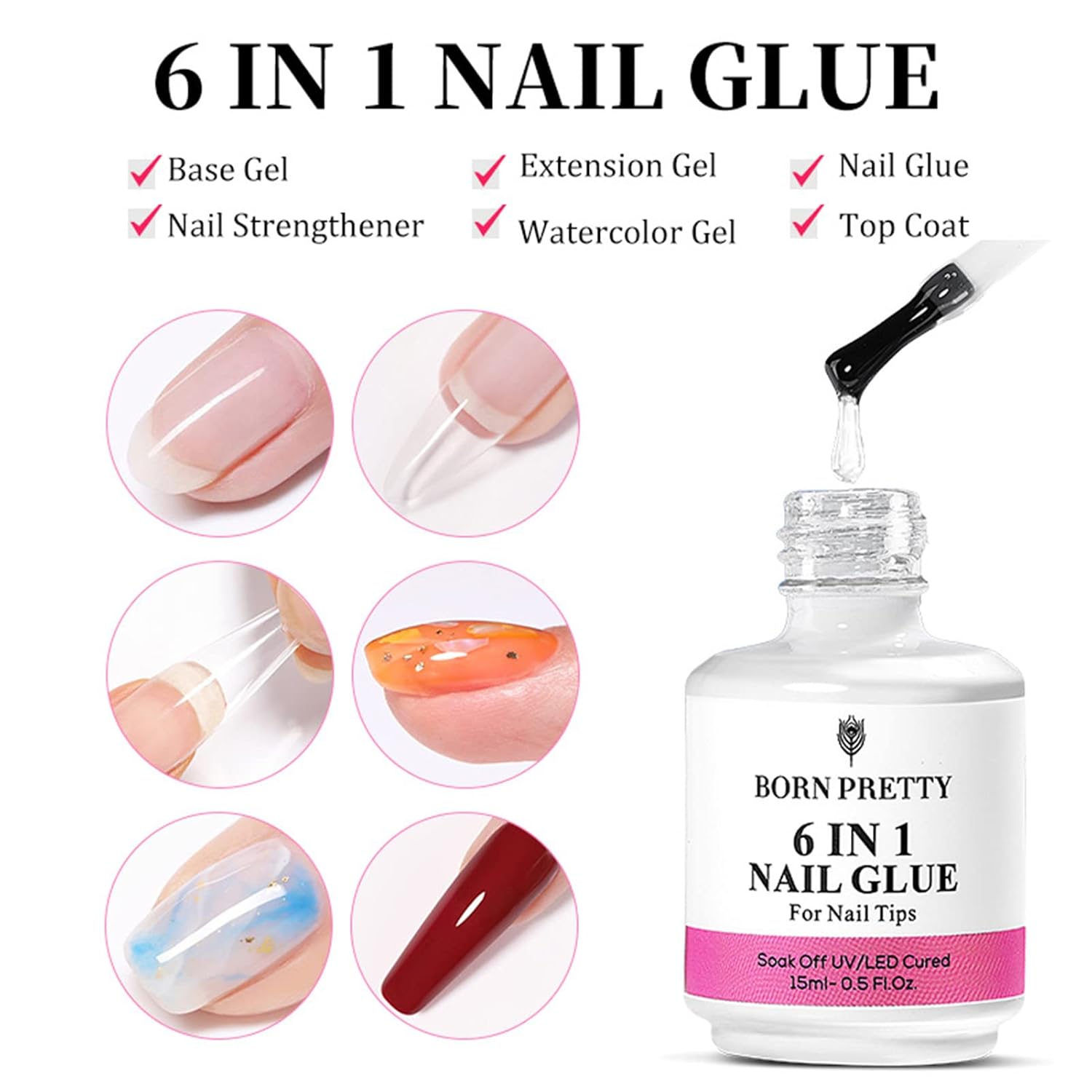 Capa base de gel de 0.5 onzas líquidas que no se limpia, 6 en 1 con pegamento UV LED para uñas, capa superior de gel para salón de uñas, lámpara LED
