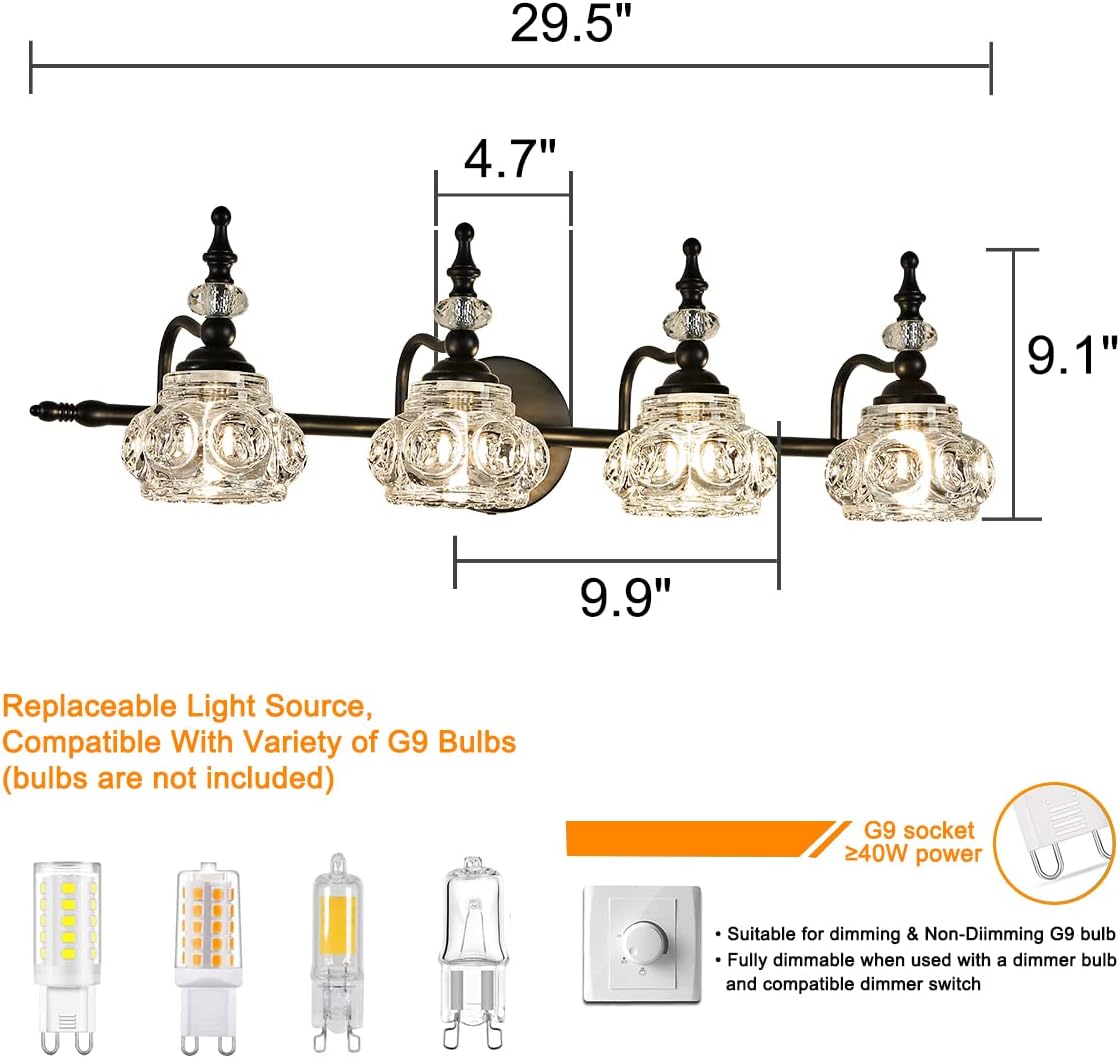 Lámpara de tocador de 4 luces, iluminación de baño, superficie negra pintada con pantalla de cristal grueso, luz de tocador vintage para baño