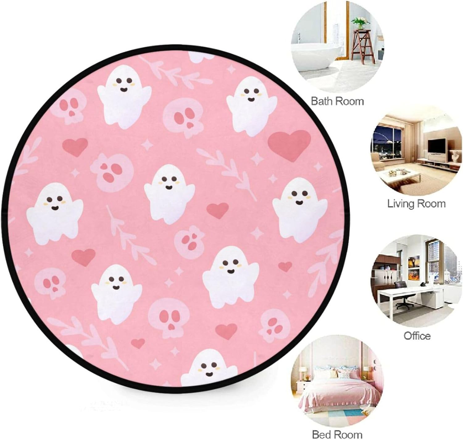Alfombra redonda de Halloween de fantasma rosa de 3 pies para dormitorio, lavable, bonita alfombra de área de calaveras, alfombra circular