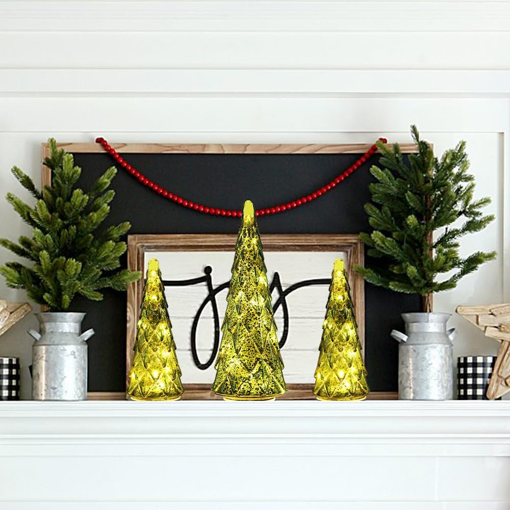 Decoraciones de Navidad para interiores, juego de 3 árboles de Navidad de cristal verde preiluminados para decoración del hogar, decoración de mesa